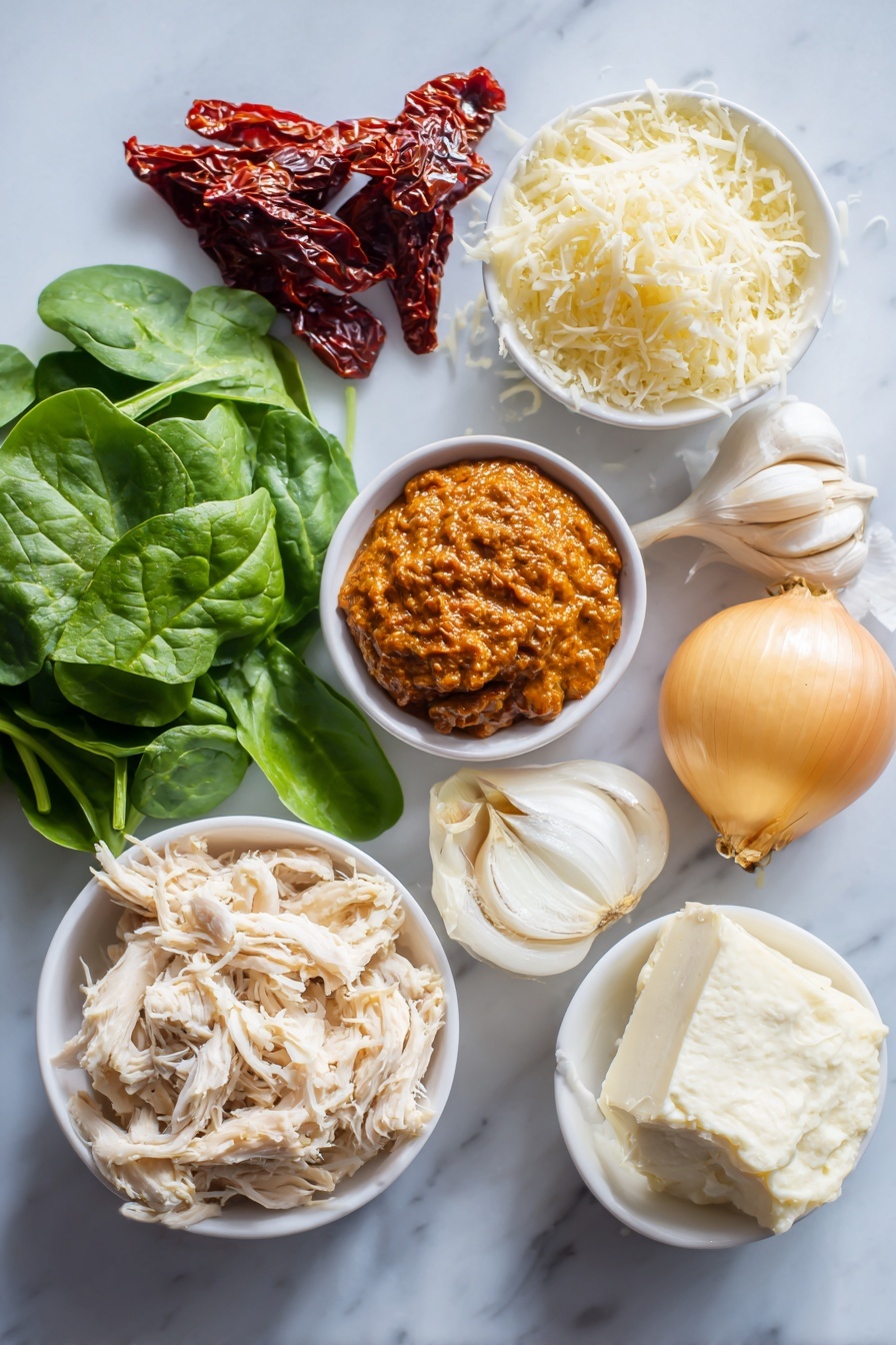 Flat lay of vibrant sun-dried tomatoes, a whole yellow onion, several garlic cloves, a smooth dollop of rich tomato paste, fresh baby spinach leaves, shredded cooked chicken, a block of creamy cream cheese, and a small pile of grated parmesan cheese, all beautifully arranged in a balanced composition with contrasting colors and textures, placed on a white marble surface, photo taken with an iphone --ar 2:3 --v 7 - Marry Me Chicken Soup, creamy chicken soup with sun-dried tomatoes, hearty chicken pasta soup, comforting chicken and cheese soup, easy chicken soup recipes