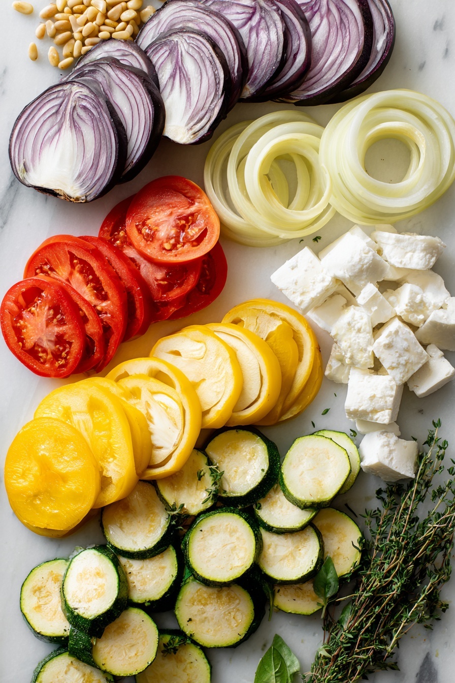 Flat lay of fresh globe eggplant slices, vibrant zucchini and yellow squash rounds, colorful red and yellow bell pepper slices, juicy Roma tomato slices, thinly sliced yellow onion rings, bright green fresh thyme sprigs, creamy white goat cheese chunks, golden toasted pine nuts, and fresh green basil leaves beautifully arranged in a balanced composition, placed on a white marble surface, photo taken with an iphone --ar 2:3 --v 7 - Creamy Goat Cheese Polenta with Ratatouille, Goat Cheese Polenta with Ratatouille, Vegetable and Goat Cheese Polenta, Hearty Ratatouille and Polenta, Vegetarian Ratatouille with Goat Cheese