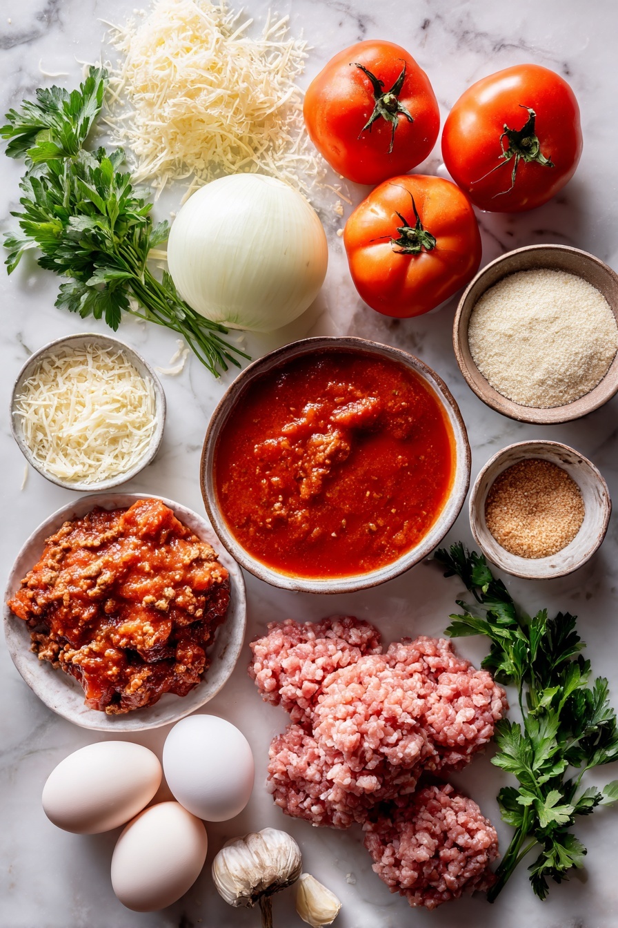 Flat lay of whole stewed tomatoes with rich red juices, bright red tomato sauce in a small pool, halved large white onions showing their layered texture, fresh green flat-leaf parsley sprigs scattered around, cloves of peeled garlic, freshly grated Parmesan cheese in a small pile, raw ground beef and ground pork portions with a pinkish-red color, smooth brown Italian-style breadcrumbs, and three large fresh eggs, all beautifully arranged on a white marble surface, photo taken with an iphone --ar 2:3 --v 7 - Classic Spaghetti and Meatballs, homemade spaghetti and meatballs, best spaghetti and meatballs, Italian spaghetti and meatballs, easy spaghetti and meatballs recipe