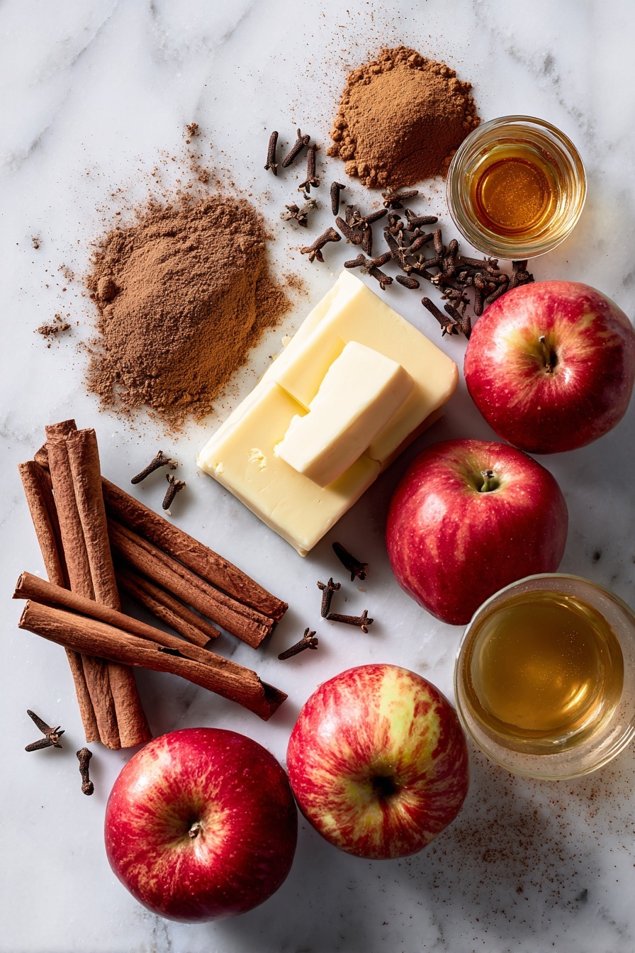 Flat lay of fresh whole cinnamon sticks, a small pile of ground cinnamon and nutmeg powders, dark brown sugar crystals, smooth unsalted butter slabs, a few bright red apples, a glass of golden apple cider, and a scattering of whole cloves, all beautifully arranged on a white marble surface, photo taken with an iphone --ar 2:3 --v 7 - Apple Cider Bundt Cake, apple cider bundt cake recipe, fall dessert, moist apple cake, cinnamon spice cake