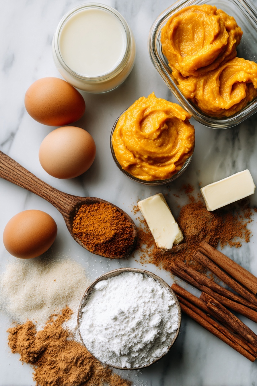 Flat lay of bright orange pumpkin puree dollops, smooth whole milk in a small glass jar, two fresh brown eggs, a stick of unsalted butter partially melted, a wooden spoon heap of golden brown granulated sugar, warm brown cinnamon sticks, a small pile of ground allspice powder, and a scattering of ground ginger powder artfully arranged with a few maple syrup drizzles nearby, placed on a white marble surface, photo taken with an iphone --ar 2:3 --v 7 - Pumpkin Pancakes with Warm Spices, pumpkin spiced pancakes, fall breakfast recipes, fluffy pumpkin pancakes, cozy morning breakfast
