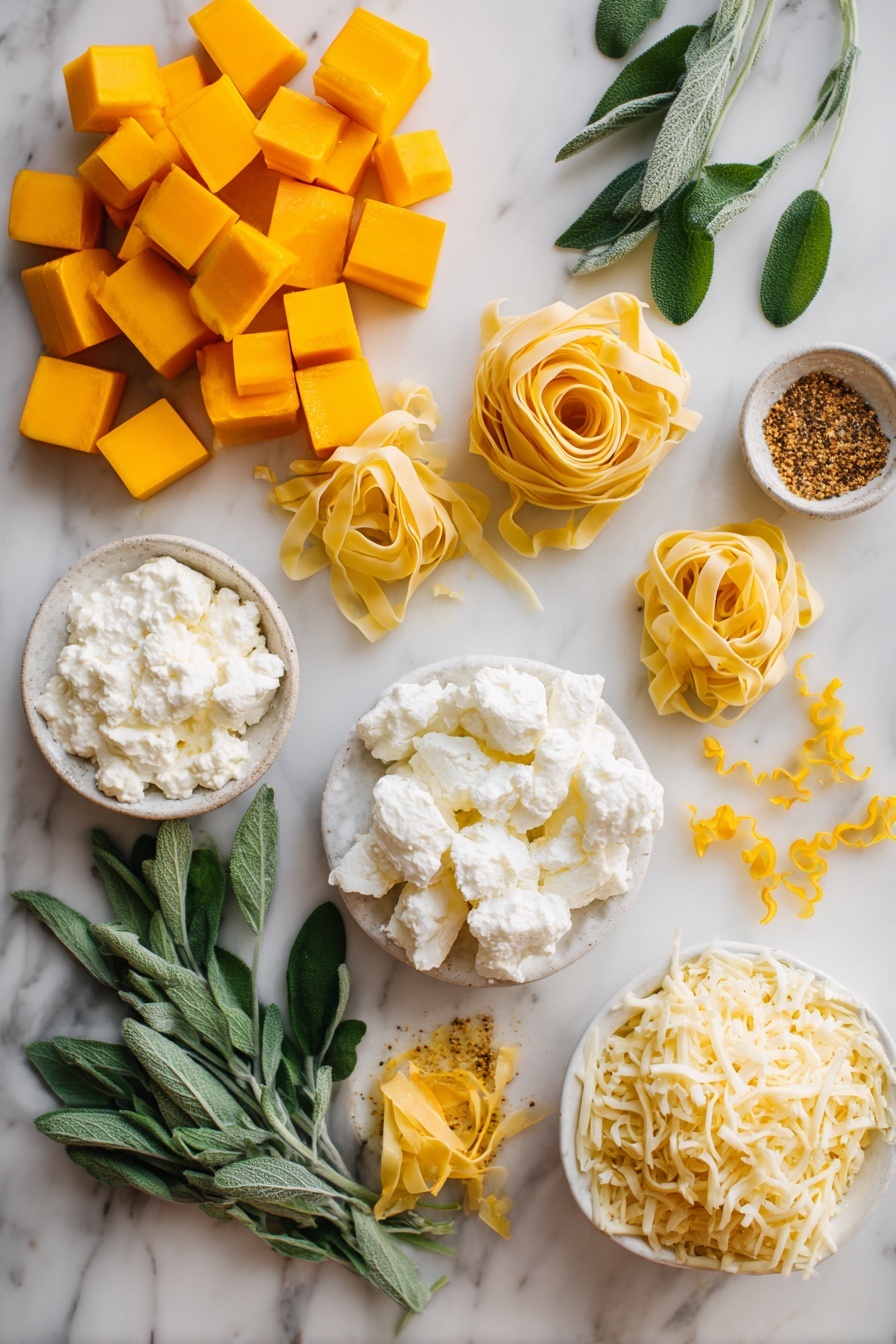 Flat lay of vibrant cubed butternut squash, fresh green sage leaves, bright lemon zest curls, creamy white ricotta cheese dollops, shredded golden mozzarella cheese, crumbly Pecorino cheese chunks, delicate sheets of uncooked lasagna noodles, and a sprinkle of warm ground nutmeg, all beautifully arranged with a natural, fresh look placed on a white marble surface, photo taken with an iphone --ar 2:3 --v 7 - Butternut Squash and Sage Lasagna, vegetarian lasagna recipes, fall comfort food recipes, easy lasagna with squash, seasonal vegetarian dinners