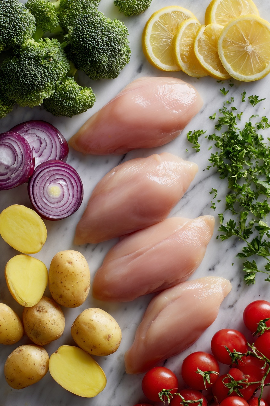 Flat lay of four raw boneless, skinless chicken breasts surrounded by vibrant green broccoli florets, bright red sliced onion rings, halved baby potatoes with creamy yellow centers, a cluster of shiny red cherry tomatoes, fresh lemon wedges, and a small pile of chopped green parsley leaves, all beautifully arranged on a white marble surface, photo taken with an iphone --ar 2:3 --v 7 - Sheet Pan Chicken and Veggies, sheet pan dinner, easy chicken recipes, healthy weeknight meals, roasted veggie recipes