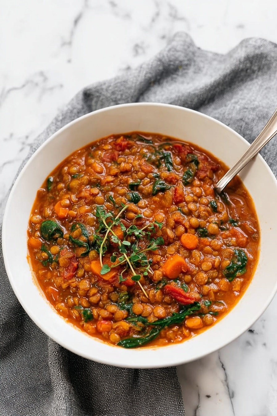 A white bowl filled with thick lentil stew that has a rich orange-red color with visible small lentils, diced carrots, spinach leaves, and tomato pieces mixed throughout. The stew is topped with small sprigs of green herbs, and a silver spoon is resting inside the bowl on the right side. The bowl is placed on a grey cloth over a white marbled surface. Photo taken with an iphone --ar 2:3 --v 7 - Best Lentil Soup, Lentil Soup recipe, hearty lentil soup, easy lentil soup, comforting lentil soup