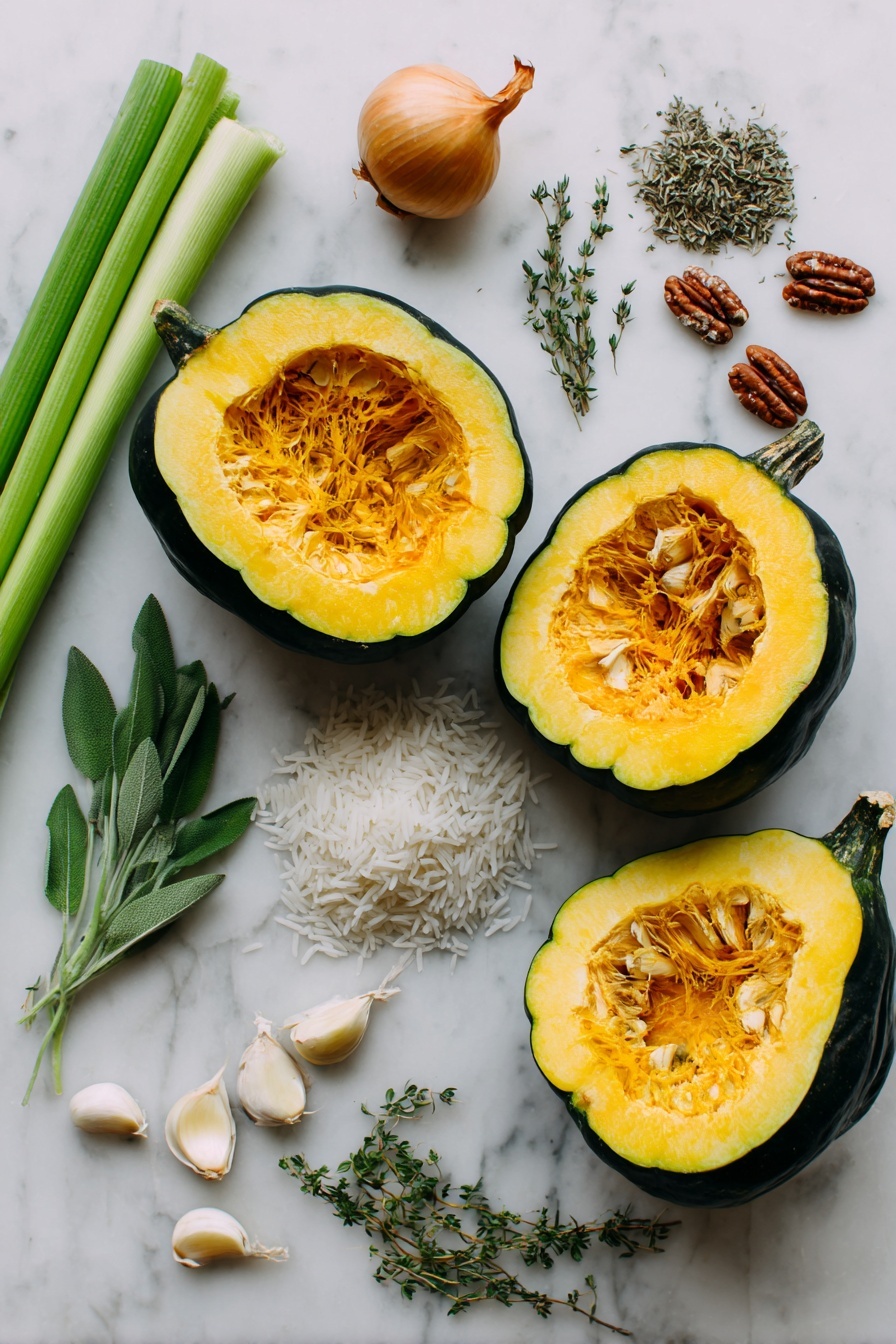 Flat lay of two small acorn squashes halved to show their bright orange flesh, a small yellow onion whole and diced, two fresh celery stalks with crisp green leaves, three cloves of garlic with papery skins, a handful of raw pecan pieces scattered around, a small mound of uncooked white basmati rice, dried sage and thyme sprigs lightly spread nearby, and creamy white crumbles of feta cheese, all beautifully arranged with natural light highlighting their colors and textures, placed on a white marble surface, photo taken with an iphone --ar 2:3 --v 7 - Stuffed Acorn Squash with Pecans, Herbs, and Cheese, Acorn Squash stuffed recipes, Fall vegetarian dinners, Nutty stuffed acorn squash, Cozy holiday vegetarian dishes