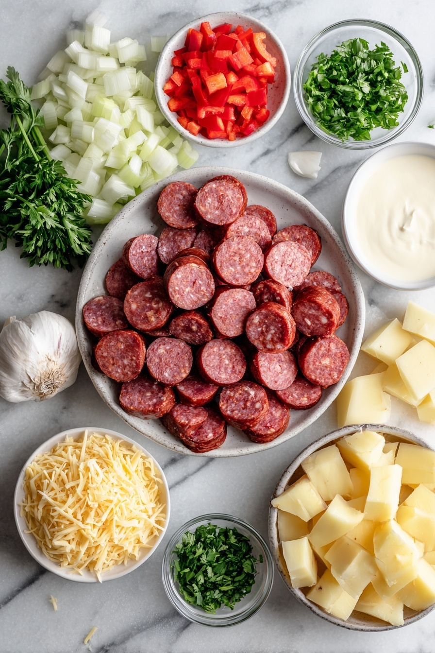 Flat lay of sliced andouille sausage rounds, diced white onion, chopped celery stalk, bright red diced bell pepper, minced garlic cloves, peeled and cubed russet potatoes, a small heap of shredded mild cheddar cheese, fresh green parsley sprigs, and a small bowl of creamy heavy whipping cream, all beautifully arranged on a white marble surface, photo taken with an iphone --ar 2:3 --v 7 - Cajun Potato Soup with Sausage and Cheddar, Cajun potato soup, hearty Cajun soup recipe, sausage and cheddar potato soup, spicy comfort soup