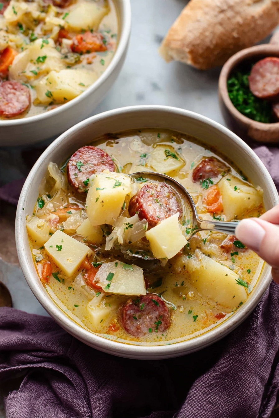 The image shows a white bowl filled with a thick soup that has multiple layers and textures. The bottom layer is a creamy, light yellow broth. Within the broth, there are large chunks of light yellow potatoes and slices of browned sausage with a reddish-brown color. Small bits of orange carrots and translucent onions are scattered throughout. The soup is sprinkled with finely chopped green herbs on top, adding a touch of green color. A silver ladle, held by a woman's hand, is scooping some of the soup, showing the chunky mix clearly. The bowls are on a white marbled surface with a soft purple cloth nearby. Photo taken with an iphone --ar 2:3 --v 7 - Cajun Potato Soup with Sausage and Cheddar, Cajun potato soup, hearty Cajun soup recipe, sausage and cheddar potato soup, spicy comfort soup