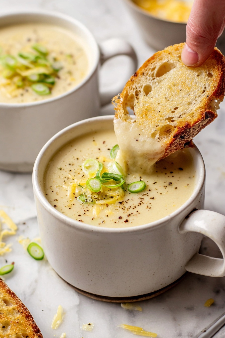 The image shows a creamy soup in a white cup with a handle, topped with thin slices of green onion and sprinkled with black pepper and some shredded yellow cheese. A woman's hand is dipping a piece of toasted, crusty bread with a golden-brown color and airy texture into the thick soup, causing the soup to stretch slightly between the bread and the cup. The cups sit on a surface with a white marbled texture, and there are a few scattered green onion slices and pepper specks around. Photo taken with an iphone --ar 2:3 --v 7 - Roasted Garlic Cheddar Cauliflower Soup, cauliflower soup with roasted garlic and cheddar, cheesy cauliflower soup recipe, comforting roasted garlic cauliflower, easy cauliflower soup