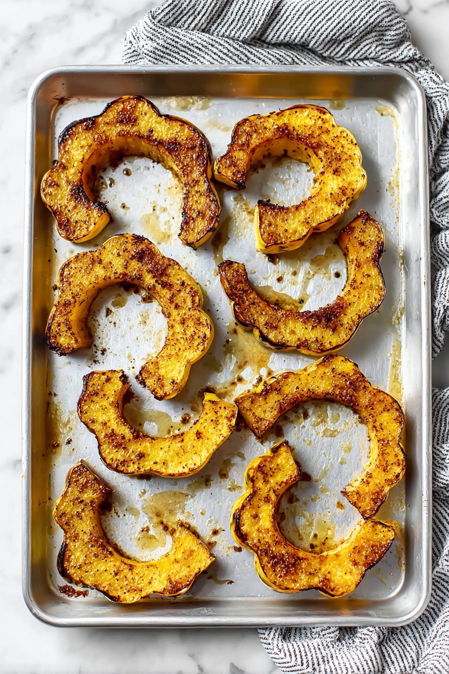 A white plate filled with roasted squash slices, each slice shaped like a crescent with dark green skin on the outer edge and golden, slightly crispy inside. The squash slices are sprinkled with black pepper and small bits of fried garlic or herbs, with finely chopped green parsley scattered over the top. The texture of the squash is tender but firm, with some edges crisped and slightly browned. A silver fork rests on the side of the plate against the white marbled surface. Photo taken with an iphone --ar 2:3 --v 7 - Parmesan Herb Roasted Acorn Squash, roasted acorn squash, easy squash side dish, baked acorn squash with herbs, cheesy acorn squash