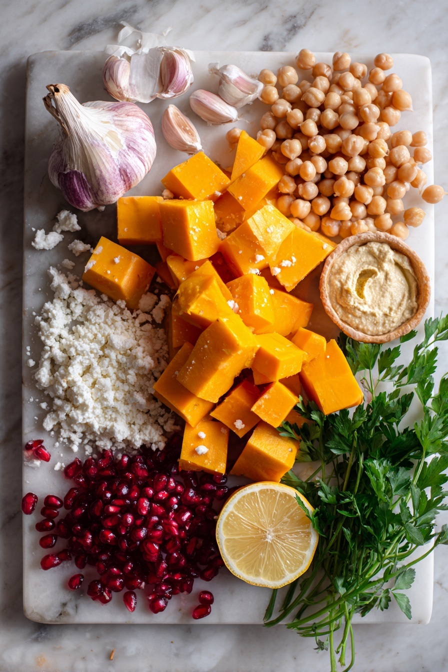 Flat lay of vibrant cubed butternut squash, whole garlic cloves, plump cooked chickpeas, creamy tahini in a small mound, bright lemon wedges, sparkling ruby red pomegranate arils, crumbled white feta cheese, fresh green parsley leaves, and delicate microgreens, all beautifully arranged and spaced on a white marble surface, photo taken with an iphone --ar 2:3 --v 7 - Butternut Squash Hummus with Feta and Pomegranates, roasted butternut squash dip, healthy squash hummus, festive appetizer with pomegranate, feta cheese hummus