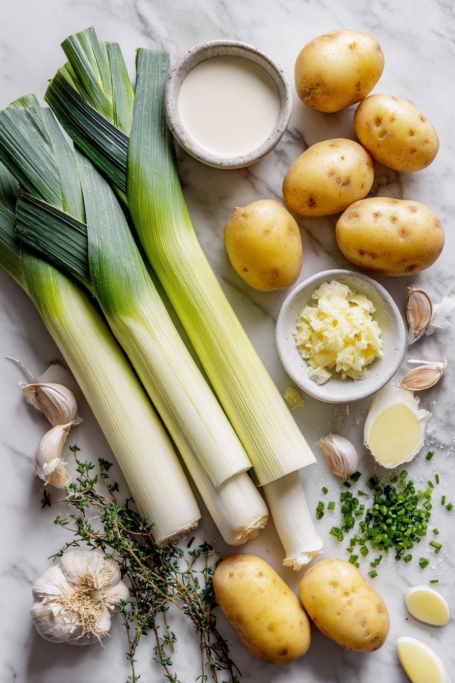 Flat lay of fresh white and light green leeks sliced lengthwise showing their layers, whole Yukon gold potatoes with smooth yellow skins, peeled garlic cloves beside a small pile of grated garlic, fresh thyme sprigs with green leaves, a small bowl filled with creamy milk, and bright green chopped chives scattered lightly, all arranged beautifully with soft natural light highlighting their fresh colors, placed on a white marble surface, photo taken with an iphone --ar 2:3 --v 7 - Creamy Potato Leek Soup, potato leek soup, creamy leek soup, easy soup recipes, comforting potato leek soup