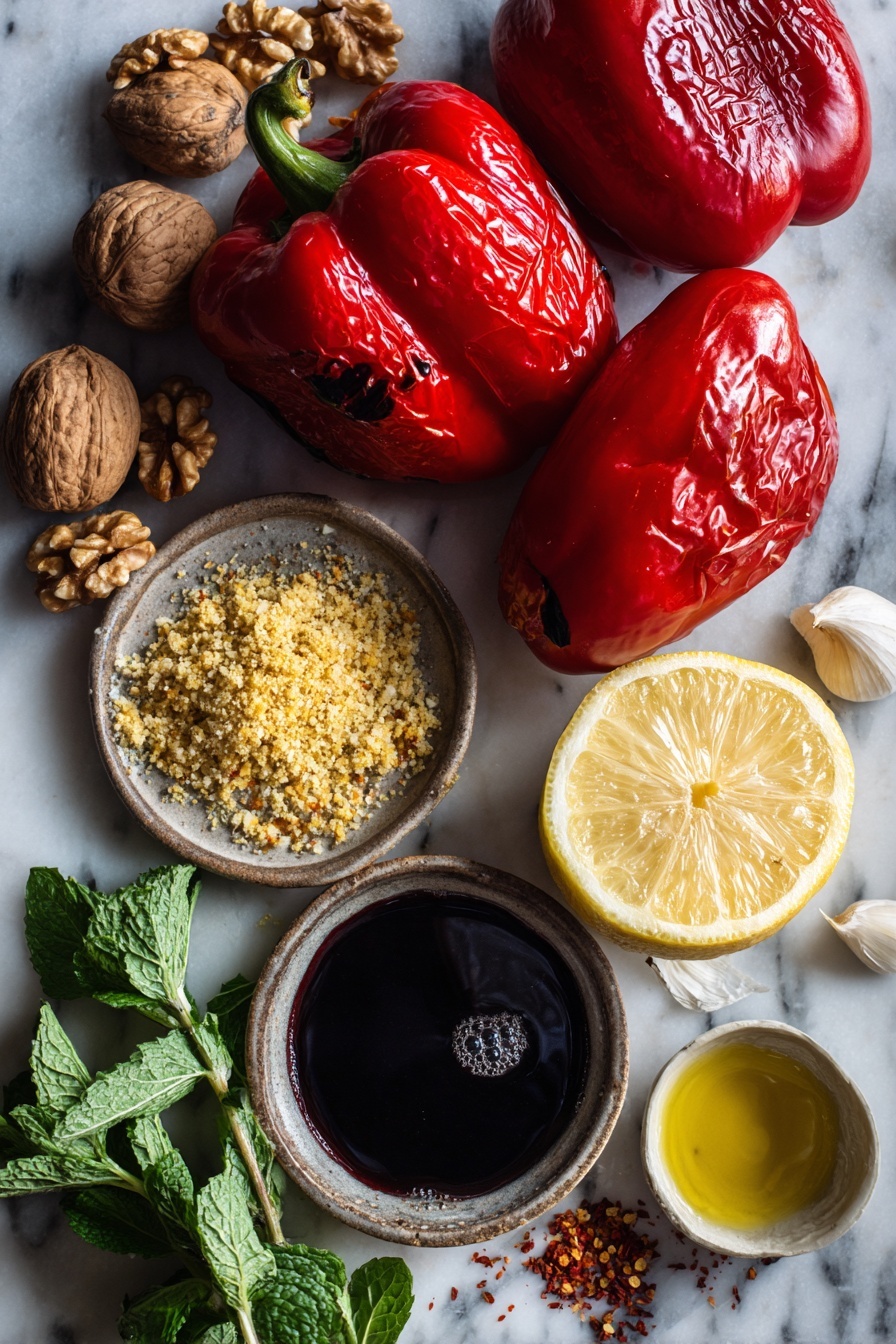 Flat lay of three roasted red bell peppers with their vibrant, slightly charred skin, a small heap of fresh golden bread crumbs, a cluster of whole walnuts showing their textured shells, a few glistening drops of extra-virgin olive oil pooling beside a rustic garlic clove, a small bowl of deep, dark pomegranate molasses, a wedge of fresh lemon shining with bright yellow flesh, scattered Aleppo pepper flakes adding a touch of red spice, and fresh mint leaves with their bright green color placed on a white marble surface, photo taken with an iphone --ar 2:3 --v 7 - Muhammara roasted red pepper and walnut dip, red pepper and walnut dip recipe, smoky dip with pomegranate molasses, Mediterranean dip, easy Middle Eastern dips