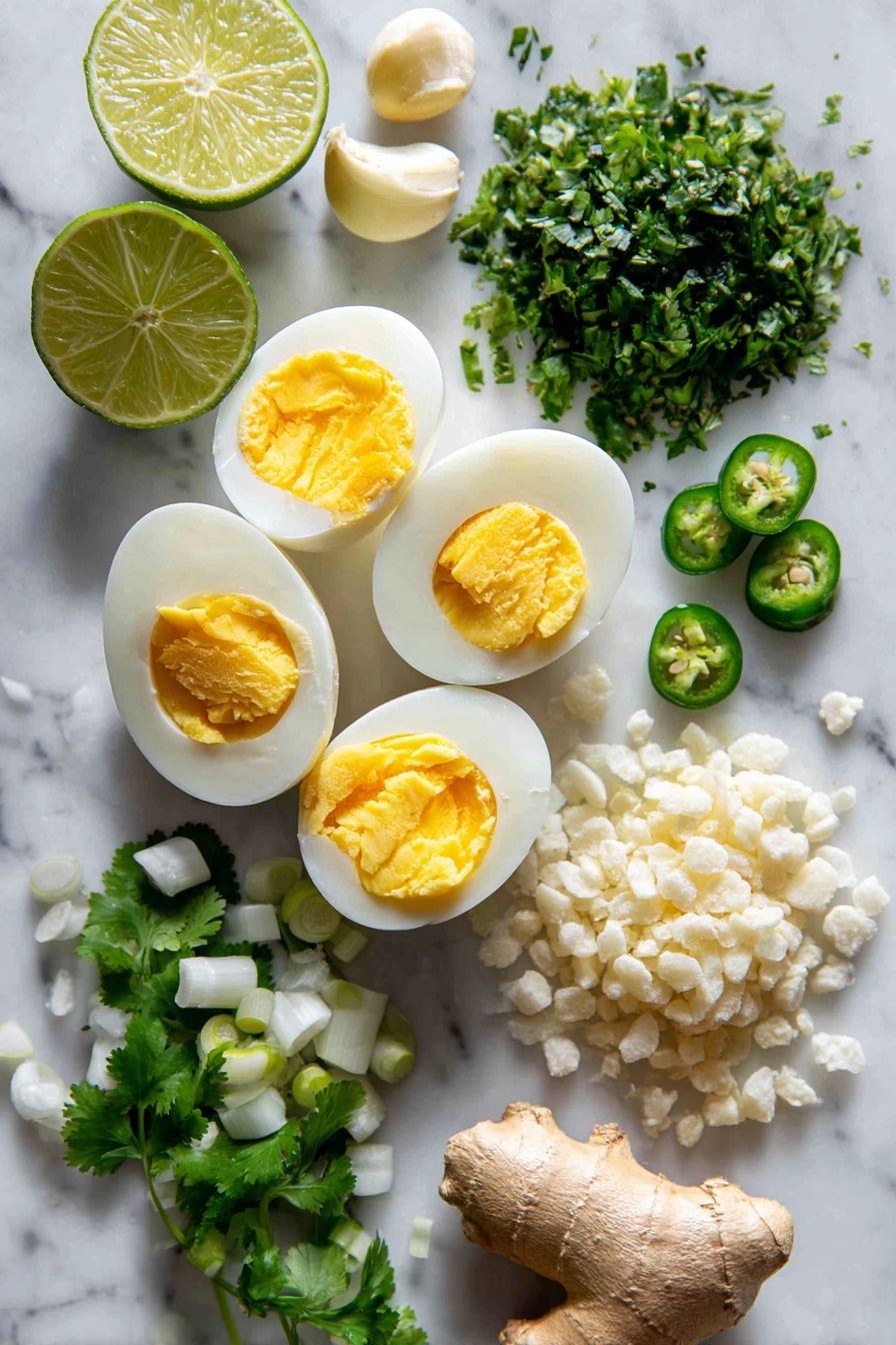 Flat lay of six peeled hard-cooked eggs halved with bright yellow yolks, fresh cilantro leaves finely chopped into small vibrant green pieces, thinly sliced scallions with crisp white and green rings, peeled garlic cloves whole and chopped, fresh lime halves with a bright green interior, small fresh serrano chiles sliced thinly showing their seeds, a piece of peeled fresh ginger root with its light tan skin, and a small pile of pale puffed rice grains, all beautifully arranged on a white marble surface, photo taken with an iphone --ar 2:3 --v 7 - Green Curry Deviled Eggs, Thai-inspired deviled eggs, spicy appetizer recipes, tropical egg appetizers, green curry finger food