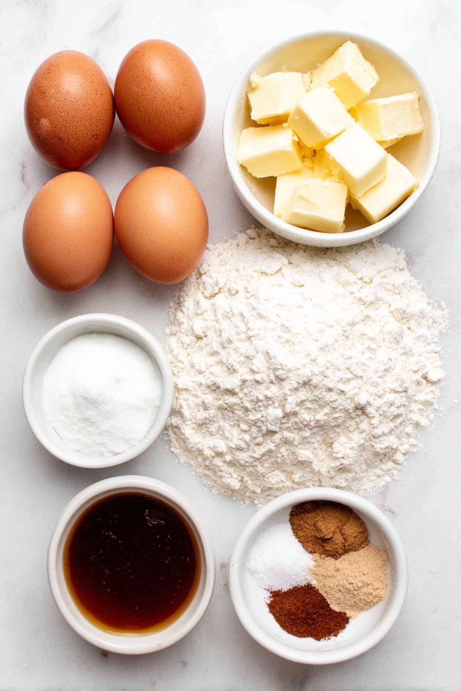 Flat lay of two cold large eggs with clean shells, a small pile of light brown packed brown sugar, a few chunks of unsalted butter, a small white ceramic bowl of unsweetened applesauce, a small white ceramic bowl of cold buttermilk, a small white ceramic bowl of granulated sugar mixed with ground cinnamon, a mound of all-purpose flour dusted lightly with some flour around it, a small white ceramic bowl filled with golden apple cider syrup, a small pile of ground cinnamon, a small pile of freshly grated ground nutmeg, a small pile of kosher salt, a small pile of baking powder, a small pile of baking soda, all arranged symmetrically and neatly spaced, placed on a clean white marble surface, soft natural light, photo taken with an iPhone, professional food photography style, fresh ingredients, white ceramic bowls, no bottles, no duplicates, no utensils, no packaging --ar 2:3 --v 7 --p awthu7i m7354615311229779997 - Apple Cider Donuts, fall apple cider donuts, homemade apple cider donuts, cozy spiced donuts, apple cider donut recipe