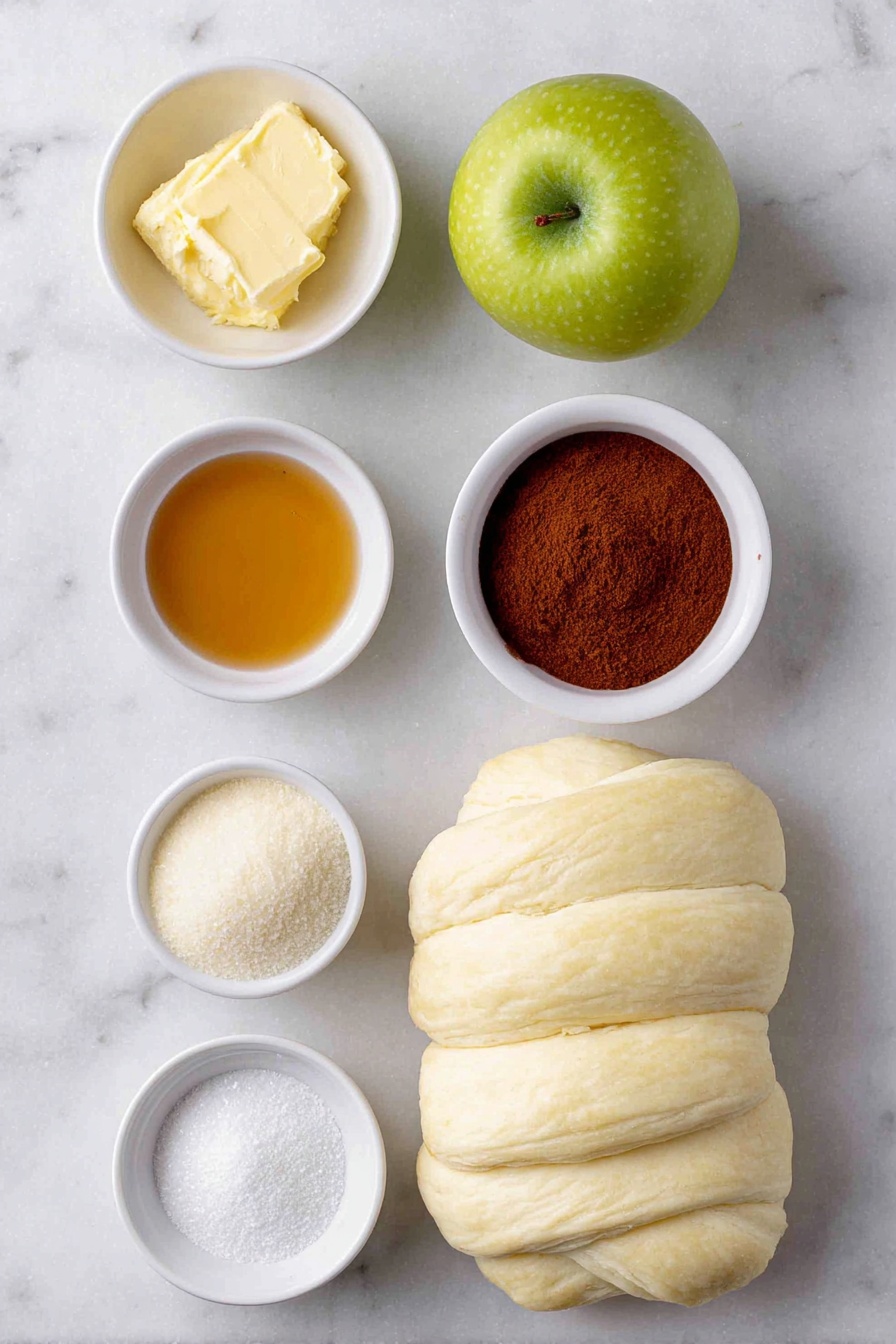 Flat lay of two bright green Granny Smith apples, a small white bowl of melted butter, a small white bowl of granulated sugar, a small white bowl with amber vanilla extract, a small white bowl filled with ground cinnamon, and two unwrapped crescent rolls showing their creamy dough texture neatly arranged in perfect symmetry, placed on a clean white marble surface, soft natural light, photo taken with an iPhone, professional food photography style, fresh ingredients, white ceramic bowls, no bottles, no duplicates, no utensils, no packaging --ar 2:3 --v 7 --p awthu7i m7354615311229779997 - Apple Dumplings with Cinnamon and Mountain Dew, easy apple dessert, cozy cinnamon apple treat, unique apple dessert recipes, cinnamon apple dumplings