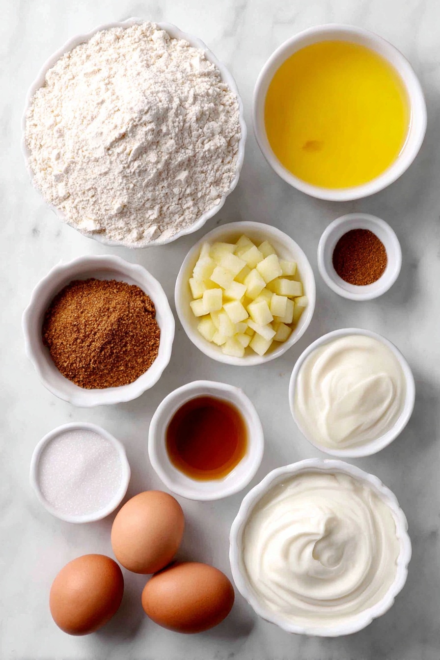 Flat lay of a small pile of white whole wheat flour, a small heap of ground cinnamon, a few whole uncracked brown eggs, a small mound of diced fresh apple cubes, a small mound of freshly grated apple, a small white ceramic bowl filled with golden melted coconut oil, a small white ceramic bowl with amber maple syrup, a small white ceramic bowl of creamy plain Greek yogurt, a small white ceramic bowl holding smooth applesauce, a small white ceramic bowl with clear vanilla extract, a small white ceramic bowl containing raw turbinado sugar, all arranged with perfect symmetry and balanced proportions, placed on a clean white marble surface, soft natural light, photo taken with an iPhone, professional food photography style, fresh ingredients, white ceramic bowls, no bottles, no duplicates, no utensils, no packaging --ar 2:3 --v 7 --p awthu7i m7354615311229779997 - Healthy Apple Muffins, healthy apple muffins recipe, wholesome apple muffin ideas, nutritious breakfast muffins, easy healthy muffin recipe