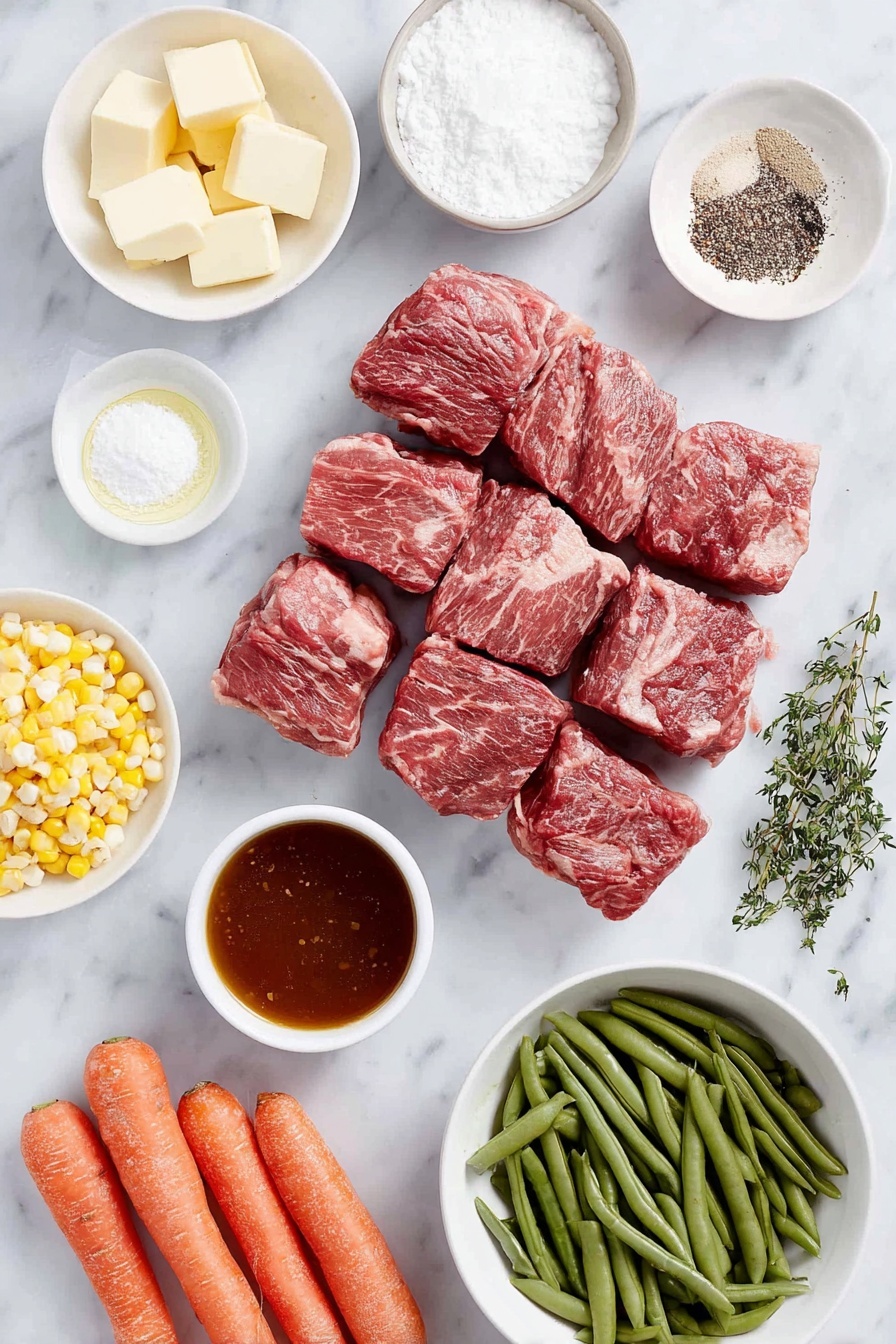 Flat lay of fresh 2-inch chunks of raw chuck roast, a small mound of coarse ground black pepper, a small heap of Kosher salt, a small white ceramic bowl of all-purpose flour, a small white ceramic bowl with unsalted butter cubes, a small white ceramic bowl with canola oil, half a yellow onion chopped into pieces, four cloves of whole garlic with skins on, two large carrots cut into chunks, two Yukon gold potatoes chopped, a small pile of fresh corn kernels, a small white ceramic bowl filled with rich beef broth, a small white ceramic bowl with thick tomato paste, a single fresh bay leaf, a few sprigs of fresh thyme, a small white ceramic bowl with Worcestershire sauce, a handful of fresh green beans, and a handful of fresh green peas, all arranged in perfect symmetry on a clean white marble surface, soft natural light, photo taken with an iPhone, professional food photography style, fresh ingredients, white ceramic bowls, no bottles, no duplicates, no utensils, no packaging --ar 2:3 --v 7 --p awthu7i m7354615311229779997 - Vegetable Beef Stew, hearty beef stew recipe, easy beef stew, homemade beef stew, comforting vegetable stew