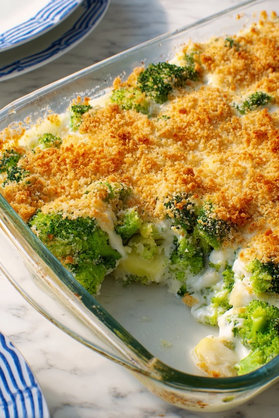 The image shows a clear glass baking dish filled with a broccoli casserole topped with a golden, crispy breadcrumb layer. Inside the casserole, bright green broccoli florets are covered with melted white cheese beneath the crunchy topping. A spoon is scooping some broccoli and breadcrumbs from the dish. Next to the baking dish, there is a white plate with blue stripes holding some servings of the casserole. The setting is on a white marbled textured surface with a folded white cloth napkin under the plate and dish. Photo taken with an iphone --ar 2:3 --v 7 - Broccoli Cheese Casserole, cheesy broccoli bake, healthy broccoli casserole, easy broccoli cheese bake, nutritious broccoli side dish