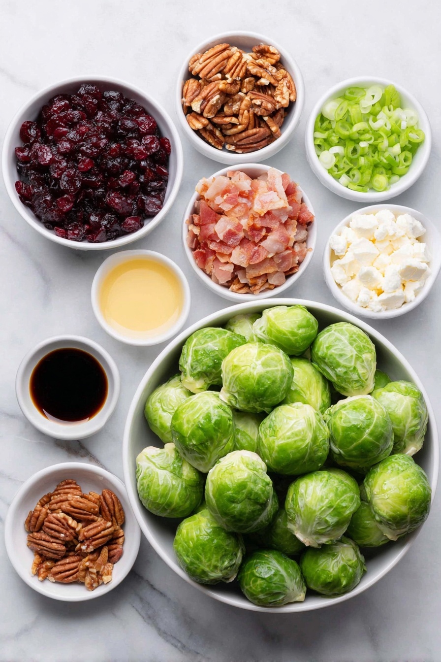 Flat lay of fresh whole Brussels sprouts with bright green leaves, a small white bowl of deep red dried cranberries, chopped glossy red apple pieces, a handful of roughly chopped pecans, golden crispy chopped bacon bits, thinly sliced green onions with vibrant white and green parts, crumbled white feta cheese in a small white bowl, small white bowls containing dark balsamic vinegar, golden olive oil, amber maple syrup, and a creamy pale yellow dijon mustard, all arranged symmetrically and naturally, placed on a clean white marble surface, soft natural light, photo taken with an iPhone, professional food photography style, fresh ingredients, white ceramic bowls, no bottles, no duplicates, no utensils, no packaging --ar 2:3 --v 7 --p awthu7i m7354615311229779997 - Brussels Sprout Salad with Cranberries, Apples, Pecans, and Maple Balsamic Vinaigrette, healthy Brussels sprout salad, easy fall salads, nutritious side dishes, flavorful vegetable salad