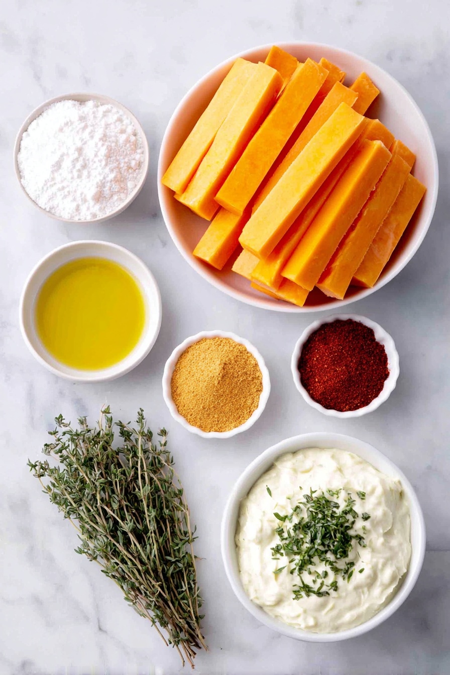 Flat lay of a handful of fresh peeled butternut squash sticks cut into long uniform pieces, a small white ceramic bowl filled with fine white cornstarch, another small white bowl containing golden olive oil, a heap of golden yellow garlic powder, a small pile of deep reddish paprika powder, a delicate bundle of dried green thyme sprigs, a small white bowl of smooth creamy mayo topped with chopped fresh green herbs, and a few scattered grains of coarse salt and black peppercorns, all arranged with perfect symmetry on a clean white marble surface, soft natural light, photo taken with an iPhone, professional food photography style, fresh ingredients, white ceramic bowls, no bottles, no duplicates, no utensils, no packaging --ar 2:3 --v 7 --p awthu7i m7354615311229779997 - Baked Butternut Squash Fries, healthy squash fries, crispy baked vegetable fries, fall-inspired snack ideas, easy healthy side dishes