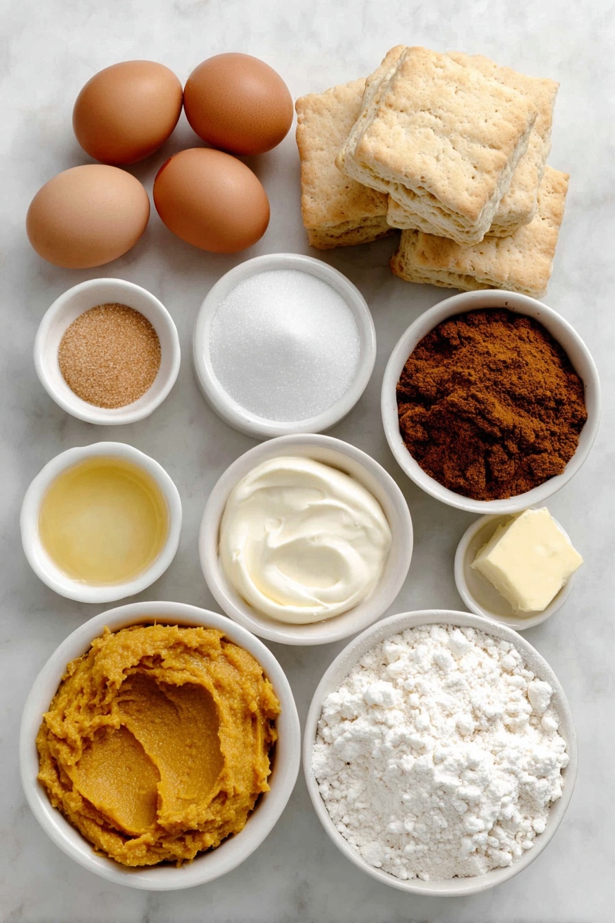 Flat lay of three whole uncracked brown eggs, a small bowl of granulated white sugar, a small bowl of packed light brown sugar, a small bowl of vibrant orange pumpkin puree, a small bowl of heavy cream, a small bowl of melted golden salted butter, a small bowl of golden pumpkin pie spice powder, a small bowl of clear vanilla extract, several whole buttermilk biscuits stacked next to each other, placed on a clean white marble surface, soft natural light, photo taken with an iPhone, professional food photography style, fresh ingredients, white ceramic bowls, no bottles, no duplicates, no utensils, no packaging --ar 2:3 --v 7 --p awthu7i m7354615311229779997 - Pumpkin Spice Monkey Bread, pumpkin spice dessert, fall-inspired baked good, easy monkey bread recipe, cozy fall treats
