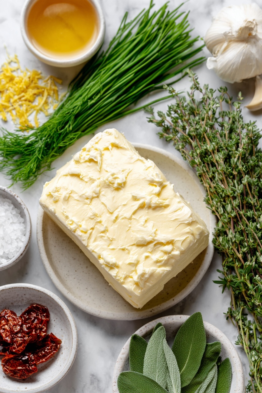 Flat lay of a soft pale yellow lump of unsalted butter, a small bunch of bright green chives, a sprig of feathery green dill, a clove of garlic with smooth white skin, a small heap of coarse sea salt crystals, a few fresh thyme sprigs with tiny green leaves, a thin strip of bright yellow lemon zest, a pinch of vibrant red pepper flakes, a small cluster of woody rosemary sprigs, fresh sage leaves with a velvety texture, a small dollop of golden honey in a white ceramic bowl, fresh green basil leaves, a small pile of deep red sun-dried tomatoes, all arranged symmetrically on a simple white ceramic plate and bowls, placed on a clean white marble surface, soft natural light, photo taken with an iPhone, professional food photography style, fresh ingredients, white ceramic bowls, no bottles, no duplicates, no utensils, no packaging --ar 2:3 --v 7 --p awthu7i m7354615311229779997 - Herb Compound Butter, flavorful herb butter, easy herb butter recipe, versatile herb butter, homemade flavored butter