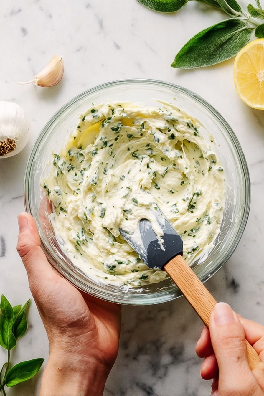 A clear glass bowl filled with a creamy white mixture that has small green herb pieces evenly spread throughout. A woman's hand holds the bowl from the left side while another woman's hand uses a spatula with a wooden handle and a black silicone blade to mix the creamy herb spread inside. The bowl sits on a white marbled surface with green leaves and a whole garlic clove to the top left and a halved lemon to the right. Photo taken with an iphone --ar 2:3 --v 7 - Herb Compound Butter, flavorful herb butter, easy herb butter recipe, versatile herb butter, homemade flavored butter