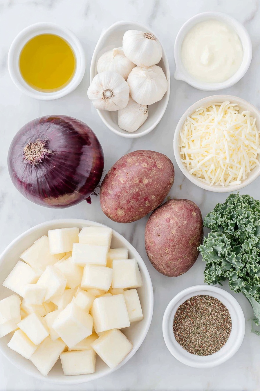 Flat lay of peeled russet potatoes cut into cubes arranged neatly next to a halved red onion with deep purple skin and white interior, six peeled garlic cloves clustered beside fresh chopped kale leaves, a small mound of freshly grated sharp cheddar cheese, a small white ceramic bowl of extra virgin olive oil, a small white bowl containing unsalted butter, a small white bowl filled with creamy heavy cream, a small white bowl holding clear white cooking wine, and a small white bowl with a fragrant all-purpose spice blend of dried herbs and paprika, all ingredients fresh and natural, perfectly balanced and symmetrical, placed on a clean white marble surface, soft natural light, photo taken with an iPhone, professional food photography style, fresh ingredients, white ceramic bowls, no bottles, no duplicates, no utensils, no packaging --ar 2:3 --v 7 --p m7354615311229779997 - Cheddar Garlic Herb Potato Soup, cheesy potato soup, garlic herb potato soup, creamy potato soup, easy comfort food