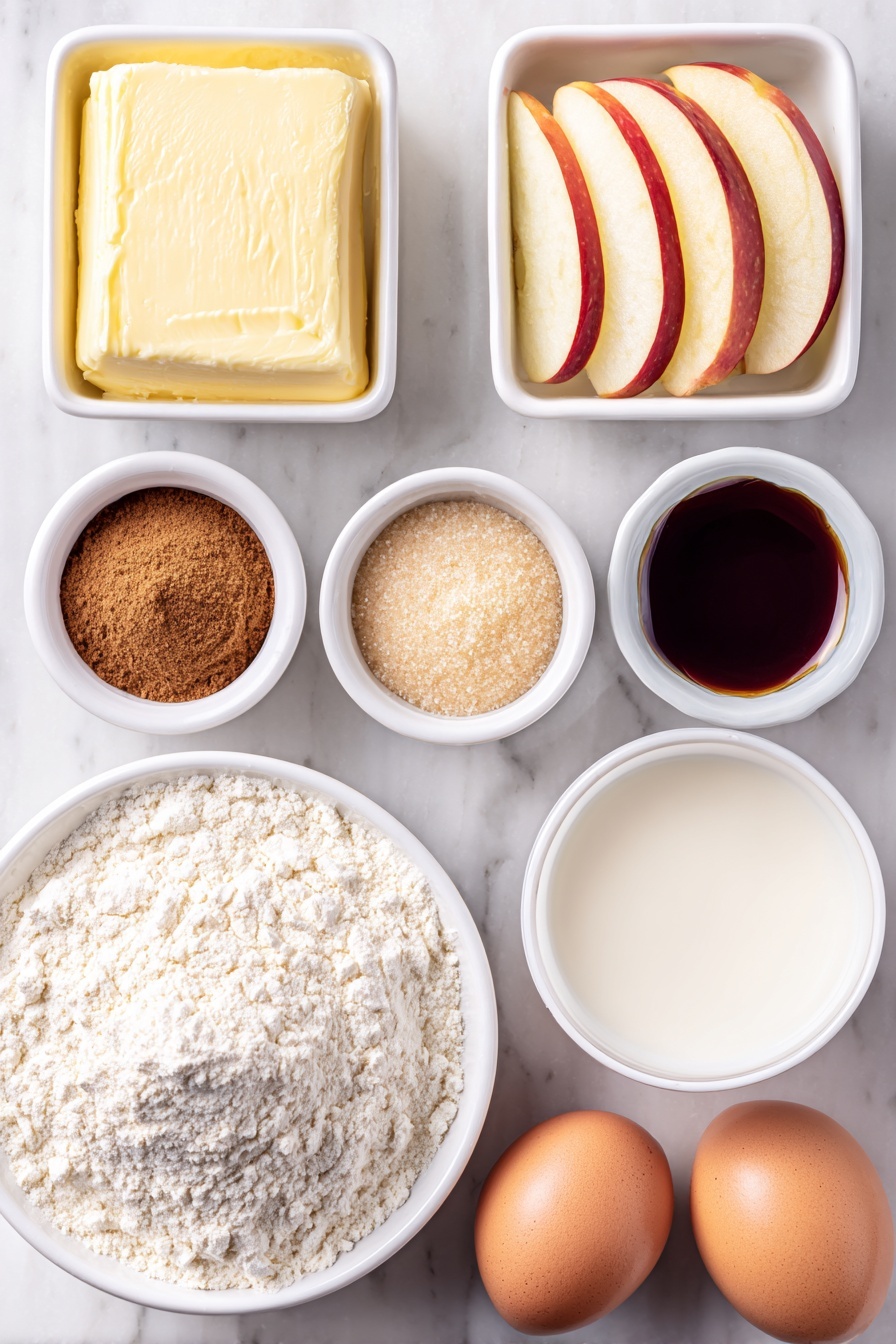 Flat lay of a small white ceramic bowl of unsalted butter, a small white bowl filled with light brown sugar, a small white bowl with ground cinnamon powder, a small white bowl with clear vanilla extract, two peeled and thinly sliced medium apples arranged neatly, a small white bowl of all-purpose flour, a small white bowl of baking powder, a small white bowl of ground nutmeg, a small white bowl of salt, a small white bowl filled with granulated sugar, two whole uncracked large brown eggs, a small white bowl containing whole milk, placed on a clean white marble surface, soft natural light, photo taken with an iPhone, professional food photography style, fresh ingredients, white ceramic bowls, no bottles, no duplicates, no utensils, no packaging --ar 2:3 --v 7 --p m7354615311229779997 - Caramel Apple Upside Down Cake, caramel apple dessert, fall apple cake, caramel upside down cake, homemade apple cake