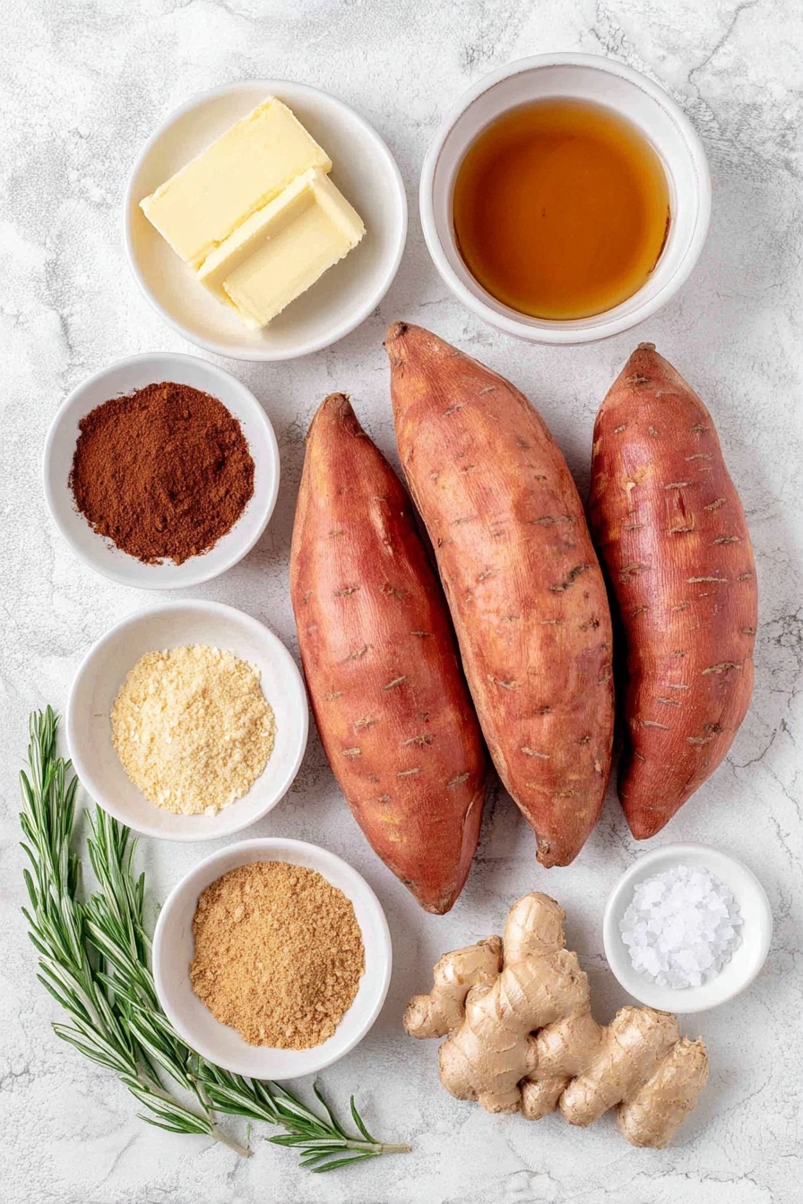 Flat lay of fresh whole medium sweet potatoes with vibrant orange skin, a few small sticks of unsalted yellow butter, a small white ceramic bowl filled with light amber pure maple syrup, another white ceramic bowl holding packed dark brown sugar, a white bowl containing warm brown ground cinnamon, a white bowl with fine light brown ground nutmeg, a white bowl with pale beige ground ginger, a small white bowl with clear pure vanilla extract, a few fresh bright orange zest strips artfully arranged, a small pile of coarse flaky sea salt crystals, and a few sprigs of fresh green rosemary, all placed symmetrically on a clean white marble surface, soft natural light, photo taken with an iPhone, professional food photography style, fresh ingredients, white ceramic bowls, no bottles, no duplicates, no utensils, no packaging --ar 2:3 --v 7 --p m7354615311229779997 - Candied Sweet Potatoes with Maple Sauce, sweet potato side dish, holiday sweet potato recipe, maple glazed sweet potatoes, easy sweet potato sides
