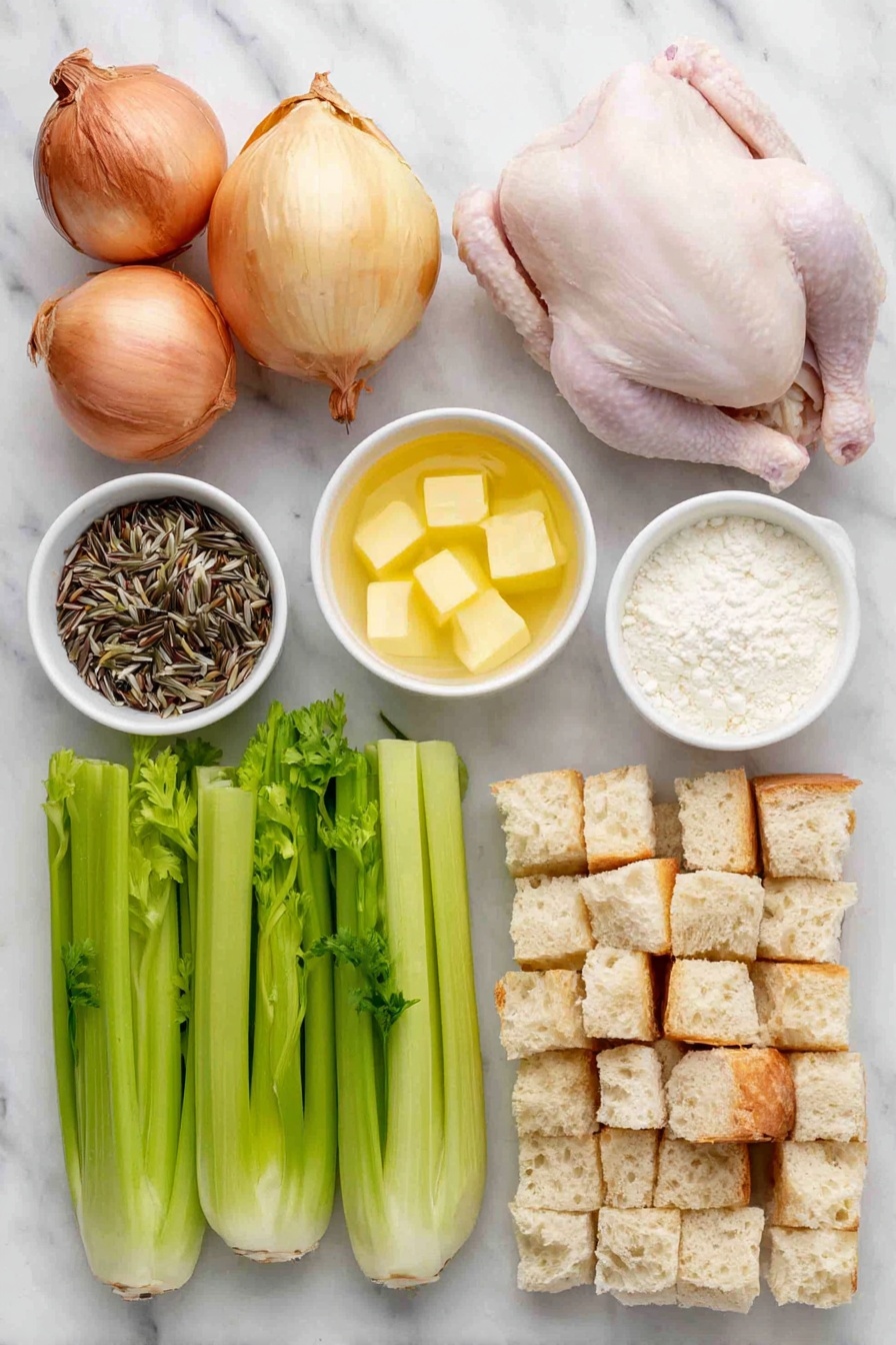 Flat lay of a whole yellow onion with papery skin, five whole fresh orange carrots with green tops trimmed, five bright green celery stalks with leafy ends, a small mound of uncooked wild rice grains, a whole raw chicken breast with smooth pale pink skin, a small white ceramic bowl filled with golden butter chunks, a small white ceramic bowl of fine white flour, a small white ceramic bowl of creamy whole milk, a small white ceramic bowl of light golden chicken broth, and a neat pile of rustic cubed bread pieces with crusty edges arranged symmetrically, all placed on a clean white marble surface, soft natural light, photo taken with an iPhone, professional food photography style, fresh ingredients, white ceramic bowls, no bottles, no duplicates, no utensils, no packaging --ar 2:3 --v 7 --p m7354615311229779997 - Cheesy Chicken Wild Rice Casserole, chicken wild rice casserole, cheesy chicken casserole, hearty chicken rice bake, comforting dinner recipes