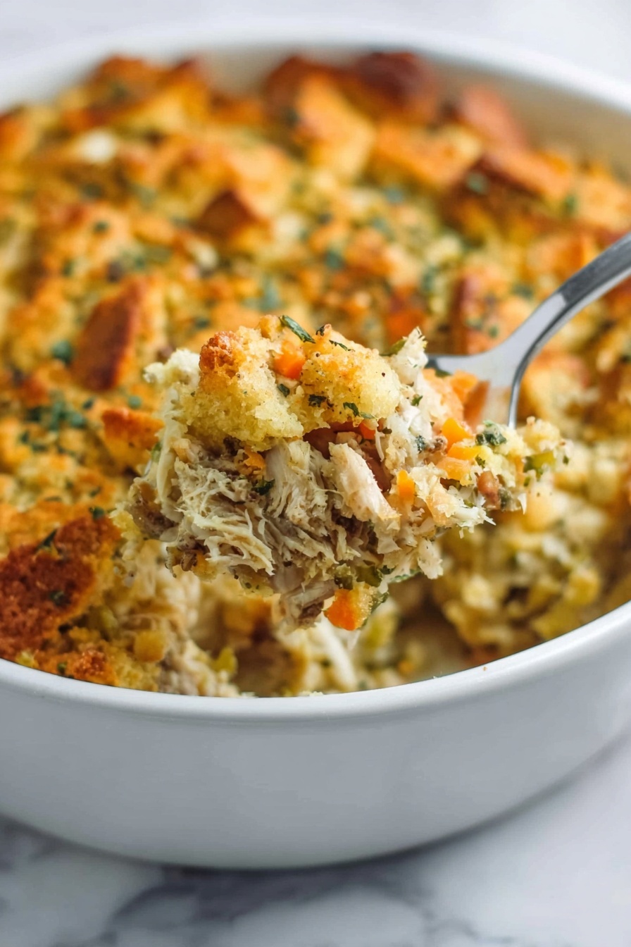 This image shows a white oval baking dish filled with a layered casserole topped with golden brown toasted bread cubes sprinkled with chopped green herbs. The top layer is crunchy and slightly uneven, covering a creamy mixture below that has visible bits of mushrooms and herbs. A wooden spoon scoops some casserole from the dish, revealing the creamy, textured filling beneath the toasted top. The dish is set on a white marbled surface, with a woman's hand holding the edge of the dish on one side. photo taken with an iphone --ar 2:3 --v 7 - Cheesy Chicken Wild Rice Casserole, chicken wild rice casserole, cheesy chicken casserole, hearty chicken rice bake, comforting dinner recipes