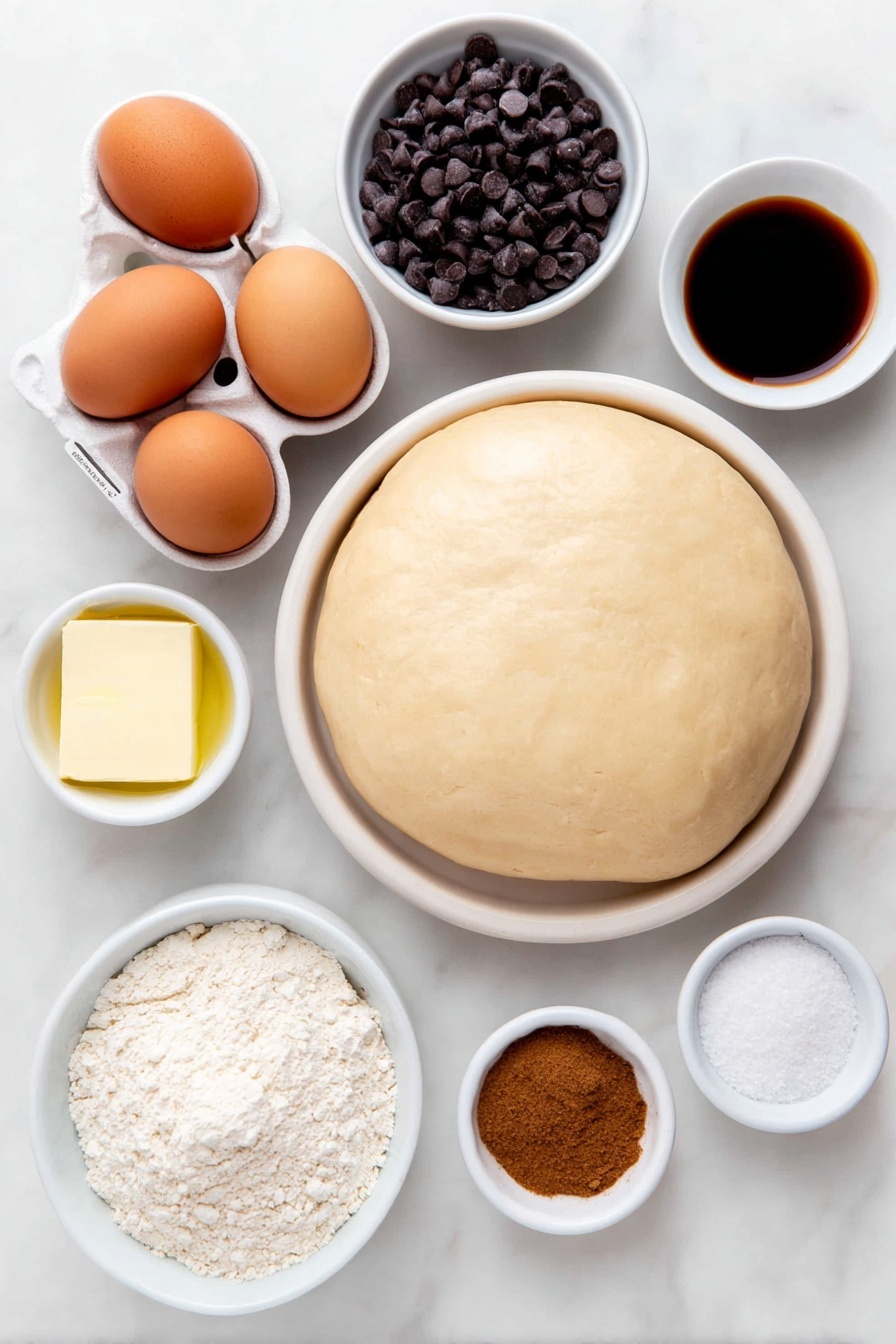 Flat lay of a smooth round disc of pale homemade pie dough, a small white ceramic bowl filled with glossy dark chocolate chips, a handful of whole shelled pecans with rich brown tones, three whole uncracked brown eggs, a small white ceramic bowl holding dark amber corn syrup, a small white ceramic bowl of packed dark brown sugar, a small white ceramic bowl with melted golden butter, a white ceramic bowl containing pale vanilla extract, a small white ceramic bowl of fine sea salt, and a small white ceramic bowl of warm brown ground cinnamon, all arranged in perfect symmetry and balanced proportions on a clean white marble surface, soft natural light, photo taken with an iPhone, professional food photography style, fresh ingredients, white ceramic bowls, no bottles, no duplicates, no utensils, no packaging --ar 2:3 --v 7 --p m7354615311229779997 - Dark Chocolate Pecan Pie, Chocolate Pecan Pie, Best Pecan Pie, Easy Pecan Pie Recipe, Holiday Pecan Pie