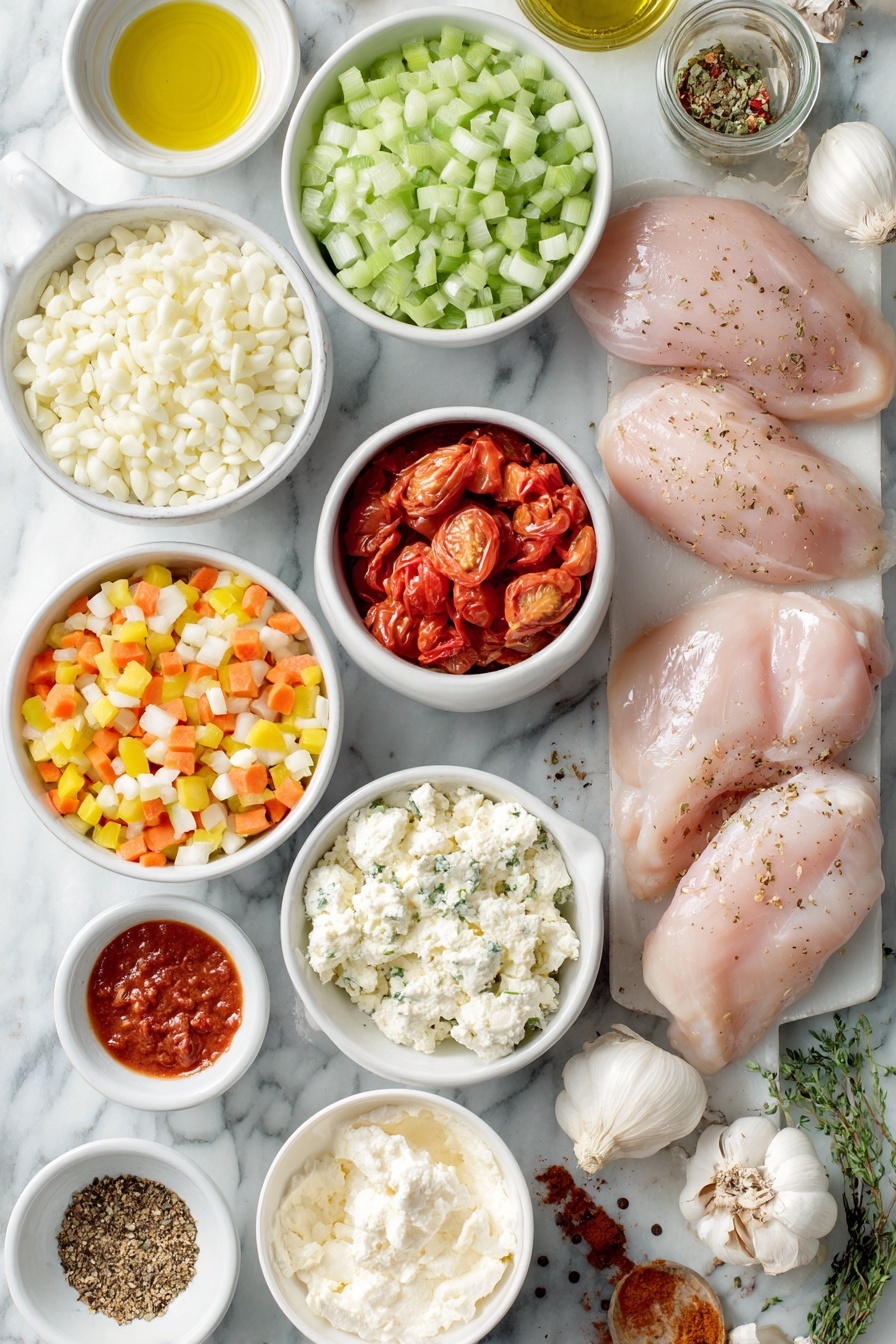 Flat lay of fresh garlic cloves, a small white ceramic bowl of chopped white onion, another bowl with chopped orange carrots, a bowl containing chopped green celery, a bowl with a colorful mix of chopped red, yellow, and green bell peppers, raw whole chicken breasts, a small white bowl filled with bright red fire roasted tomato chunks, a small white bowl of creamy heavy cream, a small white bowl with softened cream cheese, a small white bowl holding golden olive oil, a few dried Cajun seasoning leaves and vibrant red chili flakes scattered nearby, a small white bowl of bright red hot sauce, all ingredients arranged symmetrically on a clean white marble surface, soft natural light, photo taken with an iPhone, professional food photography style, fresh ingredients, white ceramic bowls, no bottles, no duplicates, no utensils, no packaging --ar 2:3 --v 7 --p m7354615311229779997 - Creamy Cajun Chicken Soup, Cajun chicken soup, spicy creamy soup, hearty Cajun soup recipe, quick Cajun chicken stew