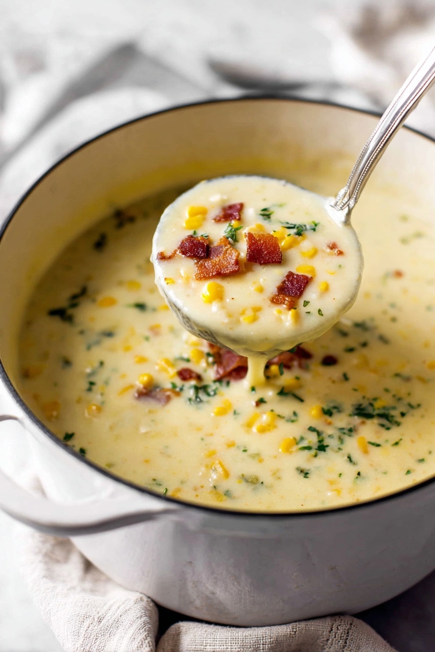 A large white pot filled with creamy corn soup is shown on a white marbled surface with a soft cloth underneath. The soup has a thick, smooth texture with a pale yellow color, dotted with small pieces of bright yellow corn, bits of green herbs, and crispy brown bacon bits scattered on top. A metal ladle is lifting a scoop of soup, clearly showing its creamy consistency and the colorful toppings. The background is softly blurred to keep the focus on the soup. photo taken with an iphone --ar 2:3 --v 7 - Creamy Potato Soup with Leeks, Potato and leek soup, Creamy leek and potato soup, Comforting potato leek chowder, Easy creamy potato soup