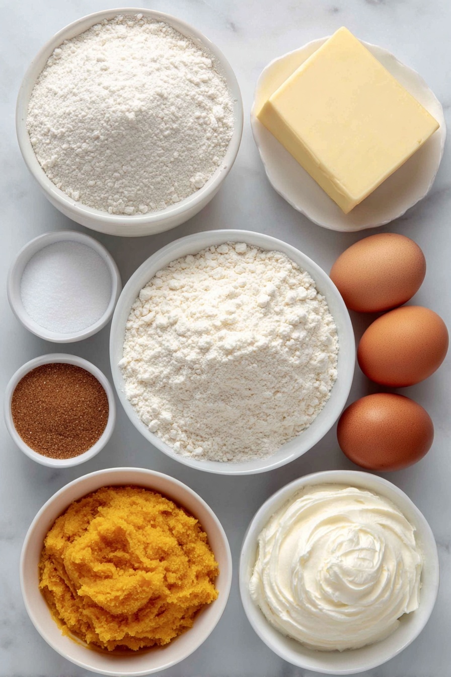 Flat lay of all purpose flour in a small mound, two teaspoons of baking powder in a small white bowl, a pinch of kosher salt in a small white bowl, a quarter cup of softened unsalted butter as a smooth pale yellow block, a quarter cup of granulated brown sugar in a neat pile, a small white bowl holding vivid orange pumpkin puree, a small white bowl with smooth whipped cream cheese, a small white bowl filled with golden honey, a small white bowl with ground cinnamon, a small white bowl of powdered sugar, a small white bowl containing fresh cream, a few whole brown eggs with clean shells arranged neatly placed on a clean white marble surface, soft natural light, photo taken with an iPhone, professional food photography style, fresh ingredients, white ceramic bowls, no bottles, no duplicates, no utensils, no packaging --ar 2:3 --v 7 --p m7354615311229779997 - Pumpkin Cinnamon Rolls with Cream Cheese Glaze, fall pumpkin cinnamon rolls, homemade pumpkin cinnamon rolls, easy pumpkin cinnamon roll recipe, pumpkin dessert ideas