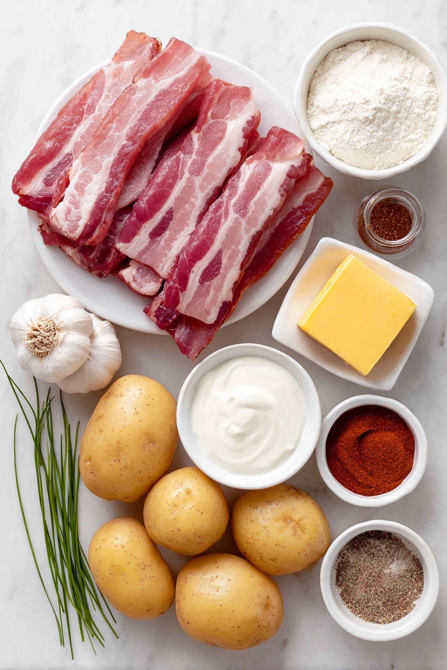 Flat lay of six uncooked bacon strips cut into small pieces, a small chunk of golden yellow butter, one medium yellow onion chopped, three large garlic cloves peeled, a small white bowl with all-purpose flour, several peeled and diced gold potatoes, a small white bowl filled with chicken broth, a small white bowl filled with milk, a small white bowl with heavy cream, one small white bowl containing coarse salt, one small white bowl of ground black pepper, one small white bowl with ancho chili powder, a small white bowl filled with sour cream, and a few sprigs of fresh chives placed on a clean white marble surface, soft natural light, photo taken with an iPhone, professional food photography style, fresh ingredients, white ceramic bowls, no bottles, no duplicates, no utensils, no packaging --ar 2:3 --v 7 --p m7354615311229779997 - Creamy Potato Soup with Bacon, creamy potato soup, bacon potato soup, hearty potato soup, comforting bacon soup