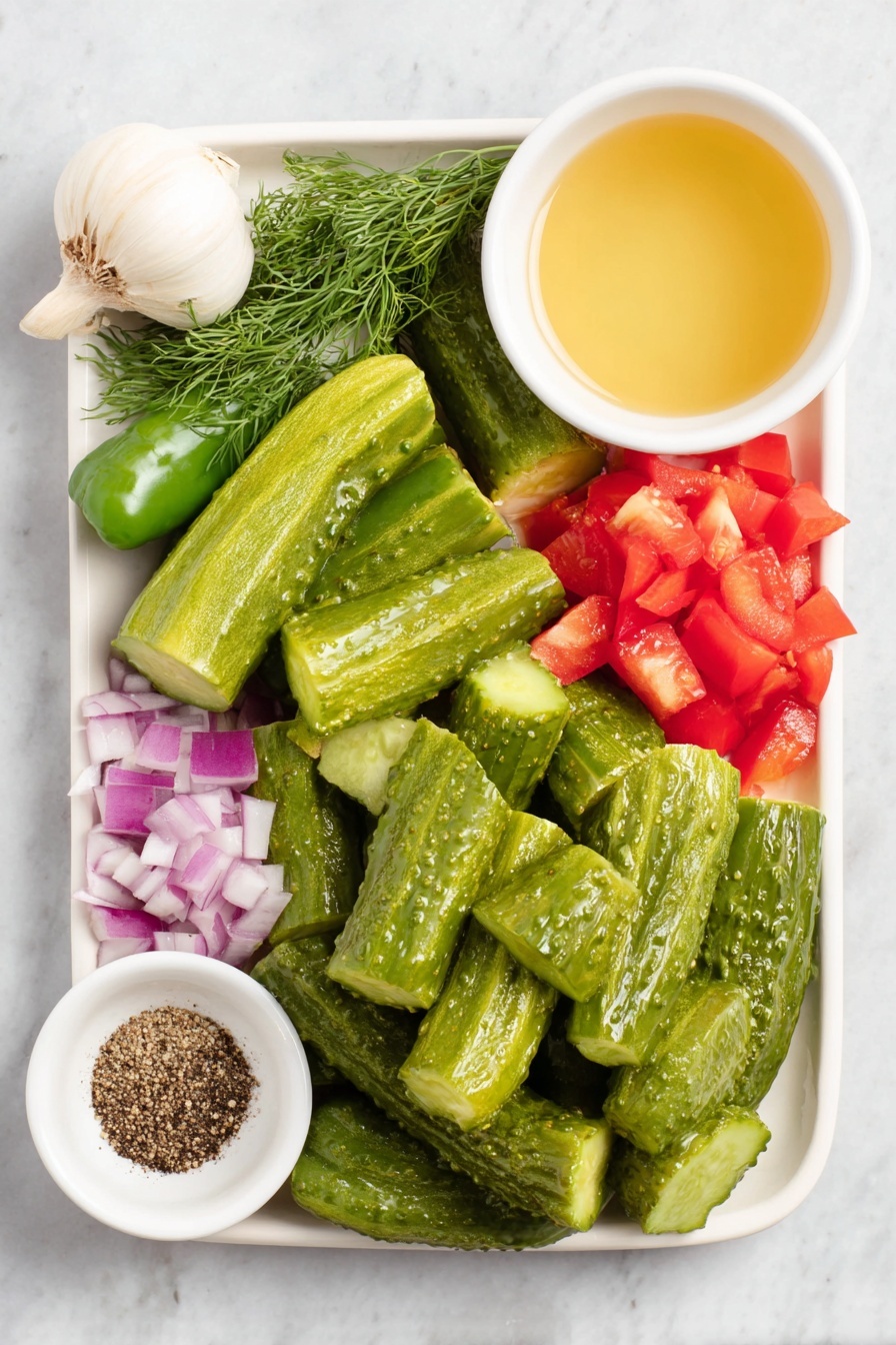 Flat lay of fresh whole dill pickles sliced into chunks, diced bright green cucumber, diced vivid red bell pepper, diced purple-red onion, a whole green jalapeño pepper, a single unpeeled garlic clove, a small bunch of fresh green dill sprigs, a small white ceramic bowl filled with clear pickle brine, and a small white ceramic bowl with freshly ground black pepper, all arranged in perfect symmetry on a clean white ceramic plate and simple small bowls, placed on a clean white marble surface, soft natural light, photo taken with an iPhone, professional food photography style, fresh ingredients, white ceramic bowls, no bottles, no duplicates, no utensils, no packaging --ar 2:3 --v 7 --p m7354615311229779997 - Pickle de Gallo, pickle de gallo recipe, tangy pico de gallo, quick pickle salsa, refreshing condiment