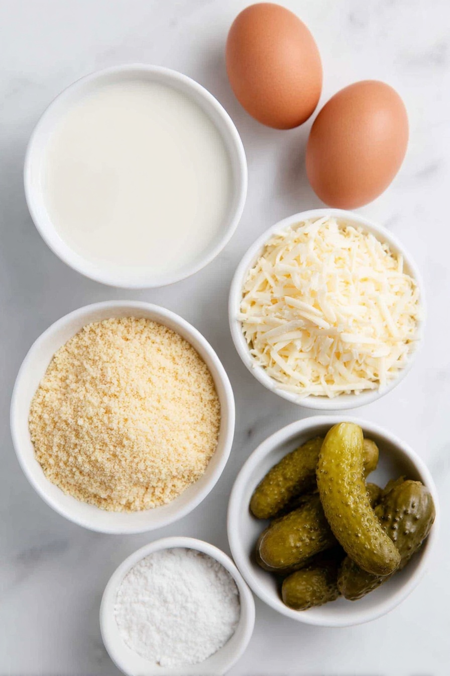 Flat lay of a small white ceramic bowl with skim milk, two whole uncracked brown eggs, a small white ceramic bowl filled with seasoned golden breadcrumbs, a small white ceramic bowl of grated Parmesan cheese, and several fresh dill pickle spears arranged neatly, placed on a clean white marble surface, soft natural light, photo taken with an iPhone, professional food photography style, fresh ingredients, white ceramic bowls, no bottles, no duplicates, no utensils, no packaging --ar 2:3 --v 7 --p m7354615311229779997 - Crispy Dill Pickle Fries, dill pickle fries recipe, crunchy pickle fry snack, homemade pickle fry, easy fried pickle bites