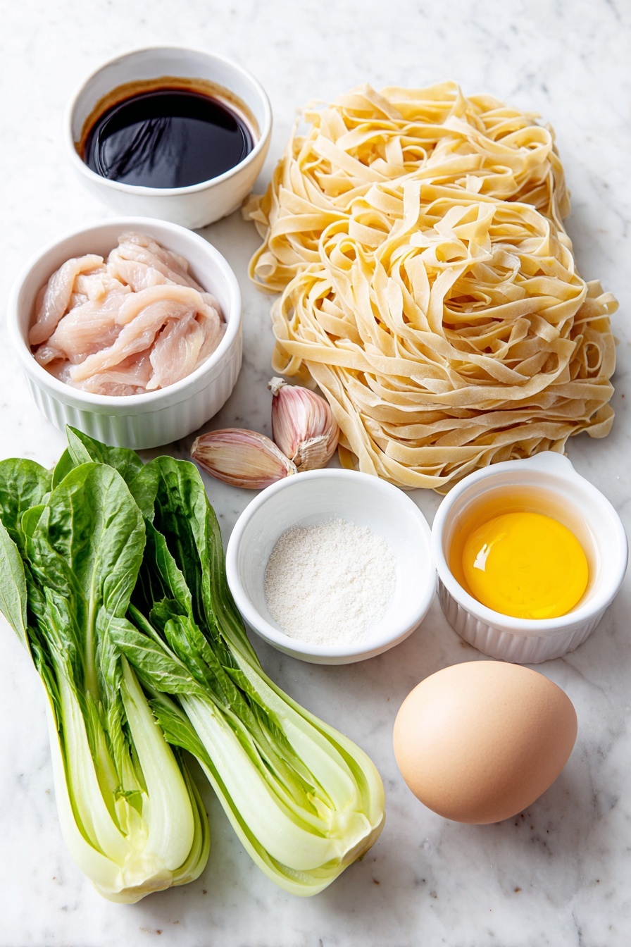 Flat lay of fresh wide flat rice noodles (Sen Yai) neatly arranged in loose folds, two whole brown garlic cloves with smooth skins, a small white ceramic bowl filled with dark soy sauce, a small white ceramic bowl with glossy oyster sauce, a small white ceramic bowl holding light soy sauce, a small white ceramic bowl of clear white vinegar, a small white ceramic bowl of fine white sugar, raw boneless skinless chicken thigh slices fresh and pinkish, a single large whole egg with a clean beige shell, and four fresh Chinese broccoli stems with bright green leaves placed symmetrically, all placed on a clean white marble surface, soft natural light, photo taken with an iPhone, professional food photography style, fresh ingredients, white ceramic bowls, no bottles, no duplicates, no utensils, no packaging --ar 2:3 --v 7 --p m7354615311229779997 - Pad See Ew Thai Stir Fried Noodles, Thai stir fry recipes, authentic Thai noodle dishes, easy Thai stir-fried noodles, street food Thai recipes