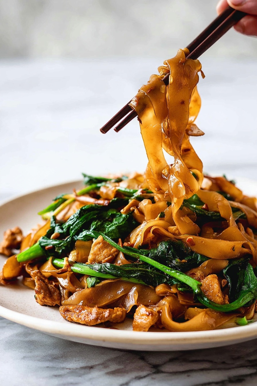 A close-up view of a pan filled with dark brown wide rice noodles mixed with green leafy vegetables and light brown pieces of cooked meat. The noodles are twisted and glossy, lying on top and around the cooked green stems and leaves. Small chunks of meat are scattered throughout the dish. A wooden spoon is seen stirring the food inside the pan. The pan sits on a white marbled surface. photo taken with an iphone --ar 2:3 --v 7 - Pad See Ew Thai Stir Fried Noodles, Thai stir fry recipes, authentic Thai noodle dishes, easy Thai stir-fried noodles, street food Thai recipes