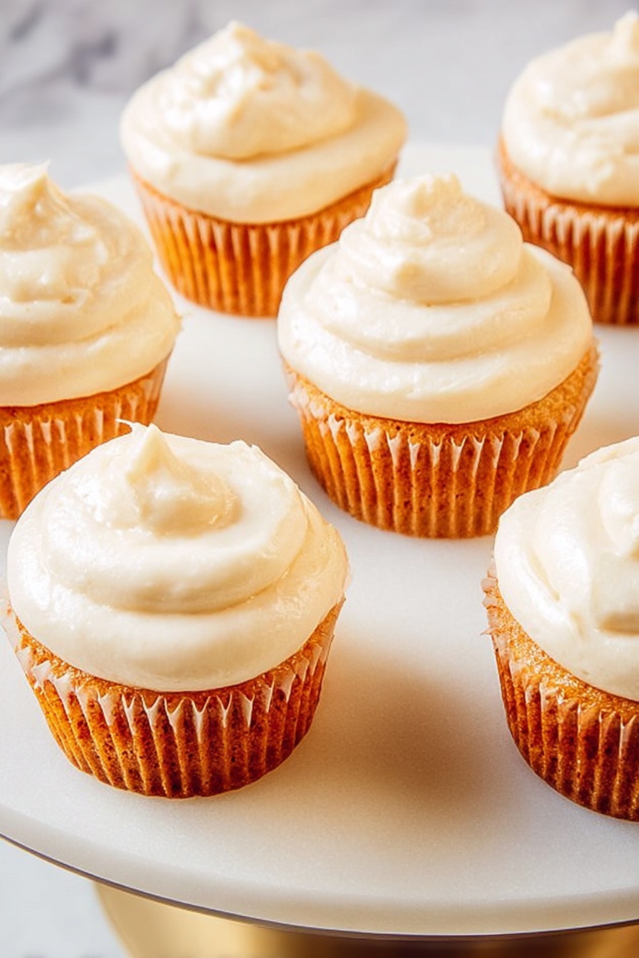 There are six cupcakes on a large white plate. Each cupcake has one layer of orange-colored cake at the bottom and a thick layer of creamy white frosting swirled on top, forming a small peak in the center. The cupcakes sit on a white marbled surface with soft natural light giving a warm feel. The focus is clear, showing the texture of the frosting and cake well, with a slight shadow cast around each cupcake. photo taken with an iphone --ar 2:3 --v 7 - Pumpkin Spice Cupcakes with Cream Cheese Frosting, fall dessert recipes, cozy pumpkin cupcakes, easy pumpkin spice cupcakes, holiday cupcake ideas