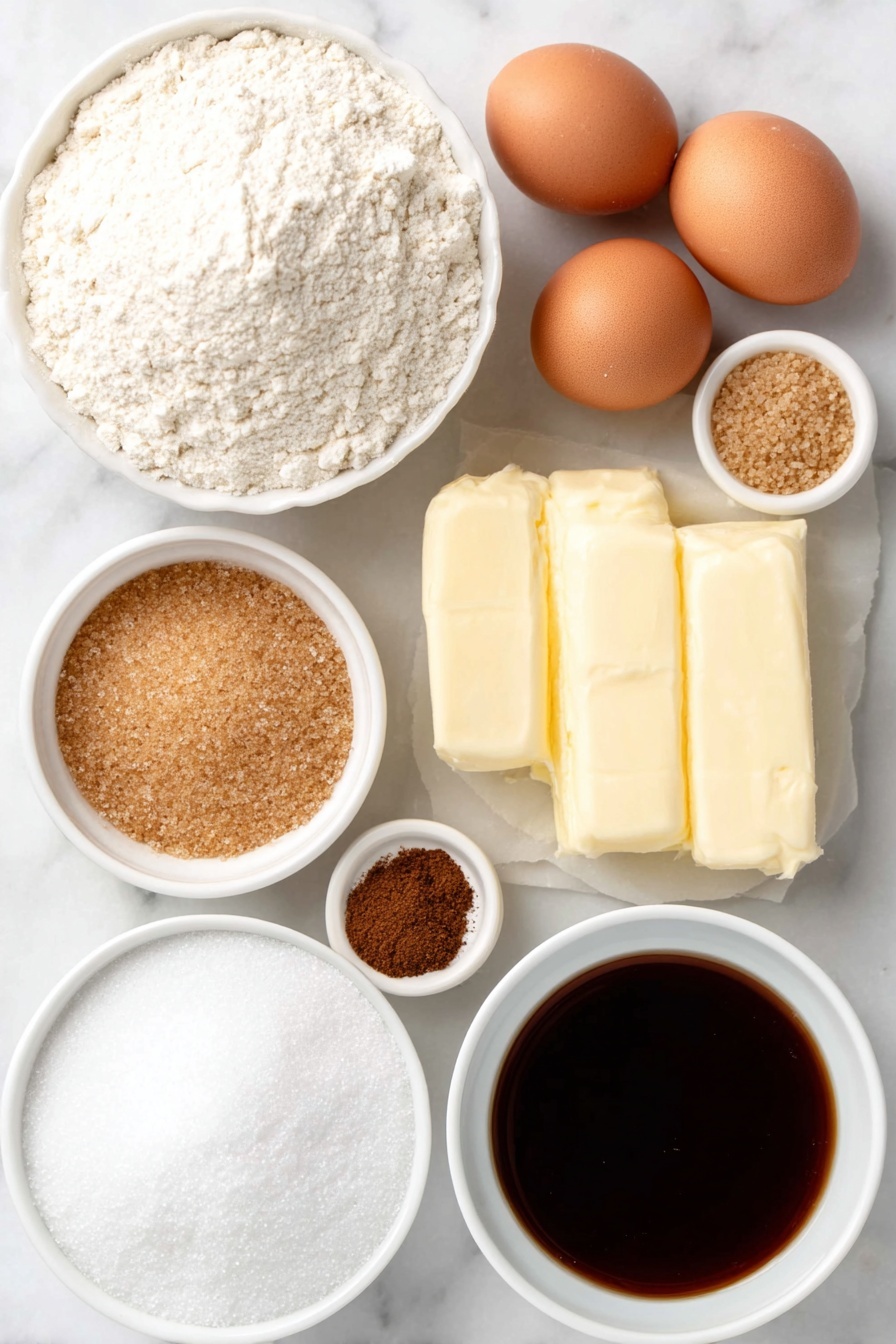 Flat lay of a small mound of all-purpose flour, a few whole brown eggs with clean shells, a small white ceramic bowl of light brown sugar, a small white ceramic bowl of granulated sugar, a small white ceramic bowl of dark molasses, a generous slab of unsalted butter, a small white ceramic bowl containing a delicate mix of ground ginger, ground cinnamon, ground cloves, nutmeg, baking soda, and salt arranged side by side in neat piles, and a small white ceramic bowl of coarse sugar for rolling, all arranged symmetrically and naturally on a clean white marble surface, soft natural light, photo taken with an iPhone, professional food photography style, fresh ingredients, white ceramic bowls, no bottles, no duplicates, no utensils, no packaging --ar 2:3 --v 7 --p m7354615311229779997 - Soft Molasses Cookies, soft ginger cookies, chewy holiday cookies, classic molasses cookies, cozy fall dessert