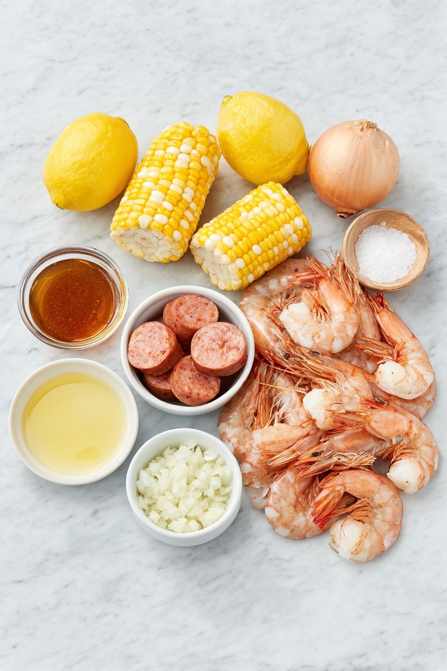 Flat lay of extra large unpeeled shrimp with vibrant pink shells, small glossy red potatoes, four large ears of corn broken into smaller pieces with bright yellow kernels, sliced kielbasa with a rich reddish-brown color, two whole fresh lemons with bright yellow peel alongside lemon rinds, one large quartered white onion with purplish skin, a small white ceramic bowl of finely minced fresh garlic, a small white ceramic bowl of melted golden butter, a small white ceramic bowl of coarse kosher salt, a small white ceramic bowl of reddish-orange Old Bay seasoning, a small white ceramic bowl containing a dark amber beer, and a rustic bag of shrimp and crab boil spice mix beside the ingredients all arranged in perfect symmetry, placed on a clean white marble surface, soft natural light, photo taken with an iPhone, professional food photography style, fresh ingredients, white ceramic bowls, no bottles, no duplicates, no utensils, no packaging --ar 2:3 --v 7 --p m7354615311229779997 - Easy Shrimp Boil, seafood boil with potatoes and corn, how to make shrimp boil, flavorful shrimp boil dinner, one-pot seafood recipes