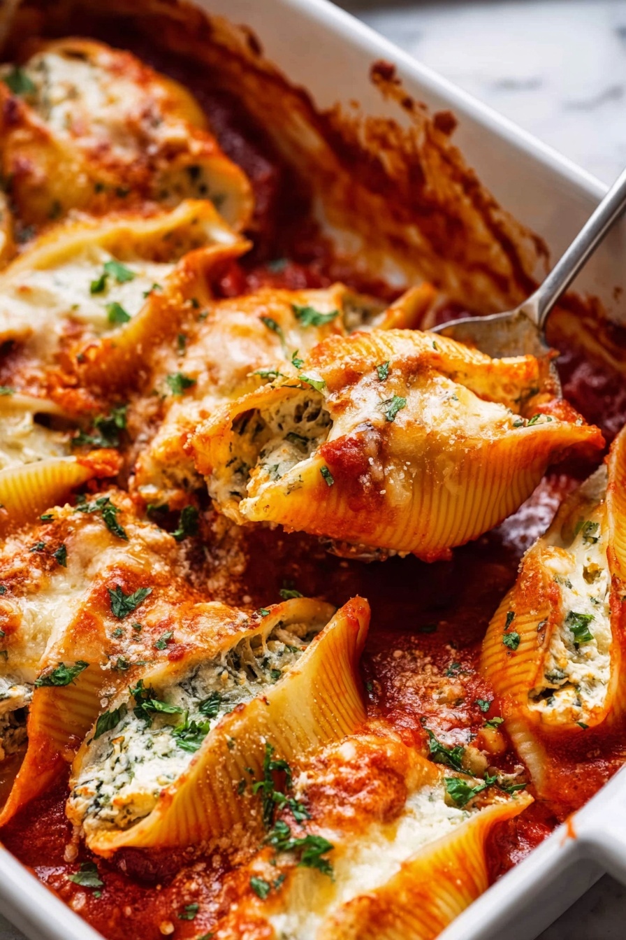 The image shows a shallow white bowl filled with three large pasta shells stuffed with a creamy, greenish-white filling, covered in bright red tomato sauce. The shells have a slightly browned, melted cheese layer on top. Fresh green basil leaves and grated white cheese are sprinkled over the pasta, adding texture and color contrast. A fork is placed inside the bowl on the right side, with some sauce visible on it. The bowl sits on a soft gray cloth on a white marbled surface, with green basil leaves scattered around. In the background, there is a white rectangular baking dish filled with more baked pasta shells in tomato sauce. Photo taken with an iphone --ar 2:3 --v 7 - Spinach Ricotta Stuffed Shells, spinach stuffed shells, cheesy stuffed pasta, baked spinach pasta, vegetarian stuffed shells