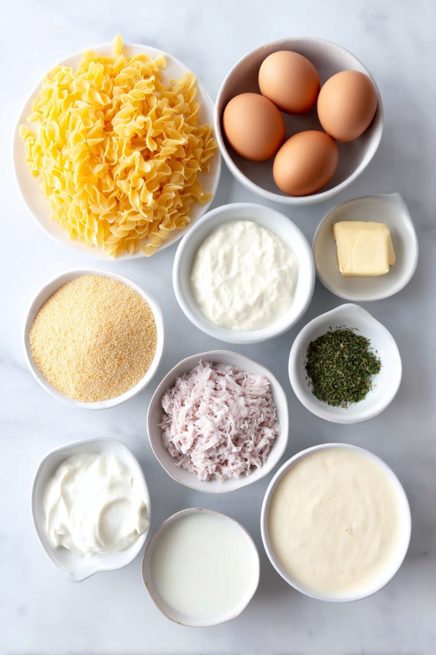 Flat lay of a small mound of golden egg noodles, a small handful of frozen green peas, a neat pile of shredded bright orange cheddar cheese, a small heap of light golden breadcrumbs, a small mound of finely grated pale parmesan cheese, a dollop of creamy white sour cream, two whole uncracked brown eggs, a small white bowl filled with creamy beige cream of mushroom soup, a small white bowl filled with creamy white cream of chicken soup, a small white bowl holding flaked pale pink tuna, a small white bowl containing smooth white milk, a small white bowl with melted golden butter, a few sprigs of dried green parsley, a tiny pile of pale beige onion powder, a tiny pile of light beige garlic powder, a tiny pile of coarse black pepper, and a tiny pile of coarse white kosher salt, all arranged with perfect symmetry on simple white ceramic dishes, placed on a clean white marble surface, soft natural light, photo taken with an iPhone, professional food photography style, fresh ingredients, white ceramic bowls, no bottles, no duplicates, no utensils, no packaging --ar 2:3 --v 7 --p m7354615311229779997 - Easy Tuna Noodle Casserole, Tuna Noodle Casserole, Cheeseburger Tuna Casserole, Comforting Tuna Pasta Bake, Quick Tuna Casserole Recipe