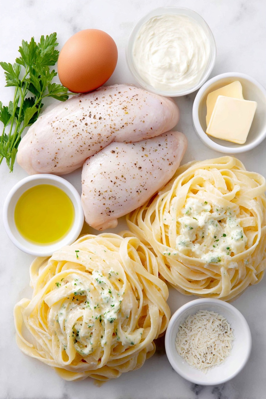 Flat lay of dry fettuccine pasta nests, two boneless skinless chicken breasts seasoned with herbs and pepper, a small pat of golden butter slices, a few sprigs of fresh parsley, a whole uncracked brown egg, a small white ceramic bowl of extra-virgin olive oil, a small white ceramic bowl of heavy whipping cream, a small white ceramic bowl filled with finely grated Parmesan cheese, a small white ceramic bowl containing minced garlic cloves, sprinkled kosher salt and freshly ground black pepper scattered sparsely around, placed on a clean white marble surface, soft natural light, photo taken with an iPhone, professional food photography style, fresh ingredients, white ceramic bowls, no bottles, no duplicates, no utensils, no packaging --ar 2:3 --v 7 --p m7354615311229779997 - Creamy Chicken Alfredo Pasta, Chicken Alfredo Recipe, Easy Alfredo Pasta, Homemade Chicken Alfredo, Restaurant-Style Alfredo