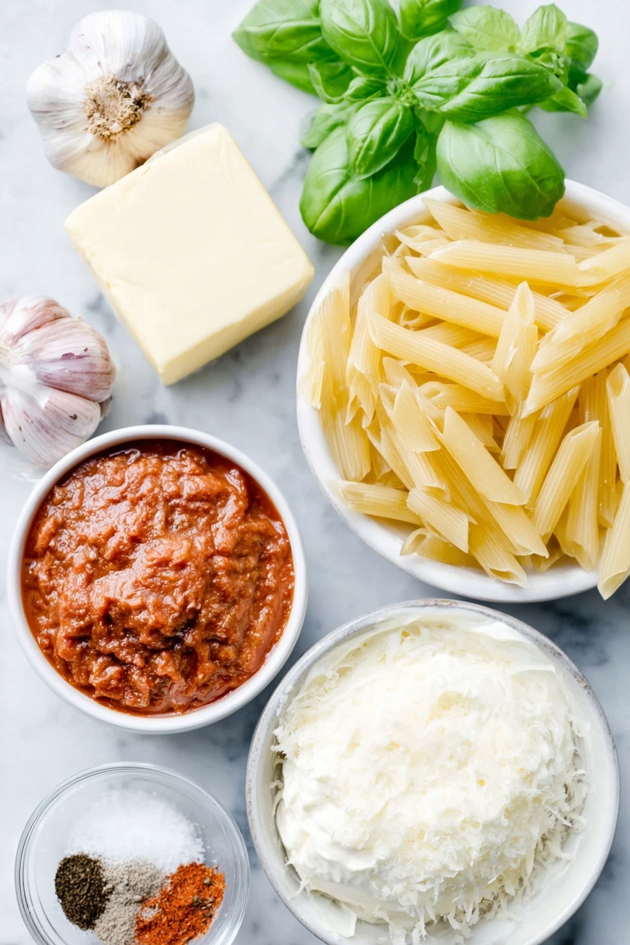 Flat lay of a small pat of unsalted butter, one whole shallot with purple-tinged skin, two whole garlic cloves with papery skins, a small white bowl of rich red tomato paste, a small white bowl of crushed red pepper flakes, a small white bowl of clear vodka, a small white bowl of kosher salt crystals, a portion of uncooked penne pasta, a small white bowl of creamy heavy cream, a small white bowl of finely grated Parmesan cheese, several fresh bright green basil leaves arranged neatly, all placed on a clean white marble surface, soft natural light, photo taken with an iPhone, professional food photography style, fresh ingredients, white ceramic bowls, no bottles, no duplicates, no utensils, no packaging --ar 2:3 --v 7 --p m7354615311229779997 - Penne Alla Vodka with Cream, Penne Alla Vodka, Creamy vodka pasta, Easy penne pasta recipes, Italian pasta dishes