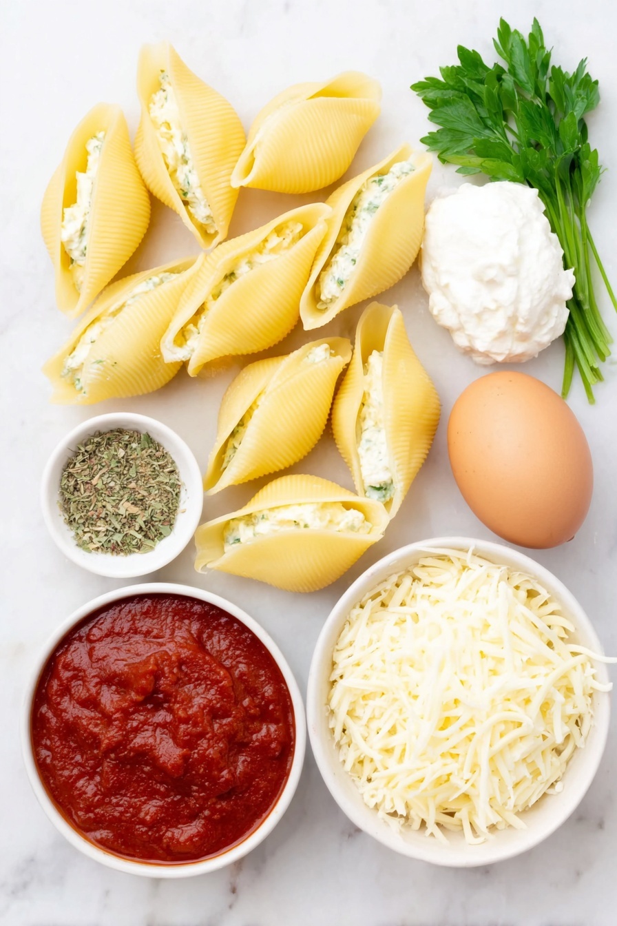 Flat lay of a handful of large, pale yellow jumbo pasta shells arranged neatly, a small mound of creamy white ricotta cheese, a small pile of shredded mozzarella cheese with soft white and pale yellow strands, a small heap of finely grated parmesan cheese with a sandy texture, a single whole brown egg with a clean shell, a few fresh bright green parsley sprigs, a small white ceramic bowl filled with vibrant red marinara sauce, and a small white bowl containing a blend of dried Italian seasoning herbs — all placed on a clean white marble surface, soft natural light, photo taken with an iPhone, professional food photography style, fresh ingredients, white ceramic bowls, no bottles, no duplicates, no utensils, no packaging --ar 2:3 --v 7 --p m7354615311229779997 - Stuffed Shells with Ricotta and Marinara, baked stuffed pasta shells, cheesy stuffed shells recipe, easy Italian stuffed shells, family favorite stuffed shells