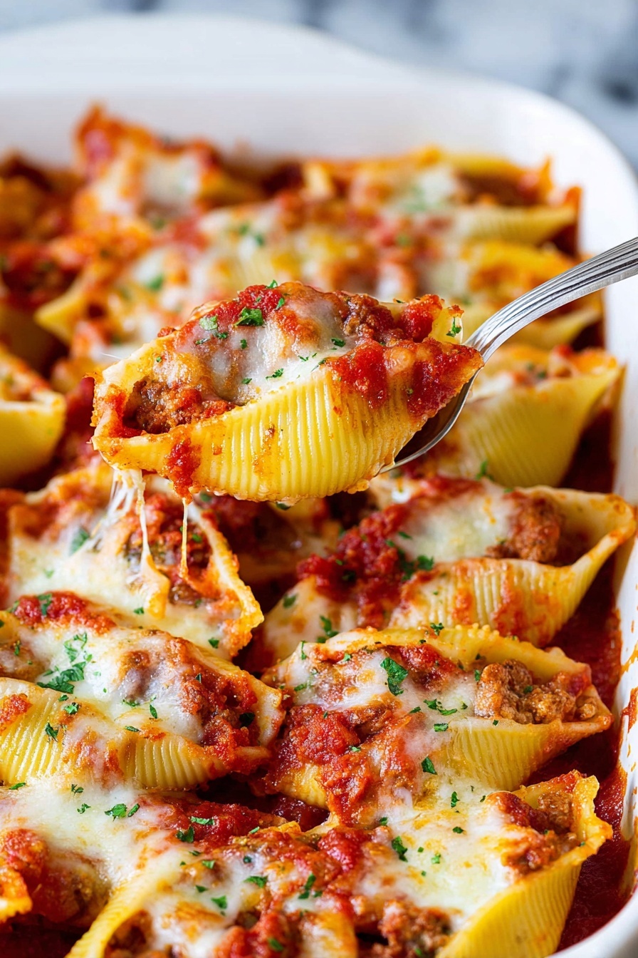The image shows a close-up of pasta shells baked in a white dish. Each pasta shell is filled with a layer of meat inside, visible beneath the top layer. The shells are topped with bright red tomato sauce and a layer of melted cheese that is browned in spots, giving a slightly bubbly texture. The dish is sprinkled with small bits of green herbs, adding color contrast. A silver spoon lifts one pasta shell, showing the layers and cheddar melting slightly from the bottom. The background is a white marbled texture. photo taken with an iphone --ar 2:3 --v 7 - Stuffed Shells with Ricotta and Marinara, baked stuffed pasta shells, cheesy stuffed shells recipe, easy Italian stuffed shells, family favorite stuffed shells